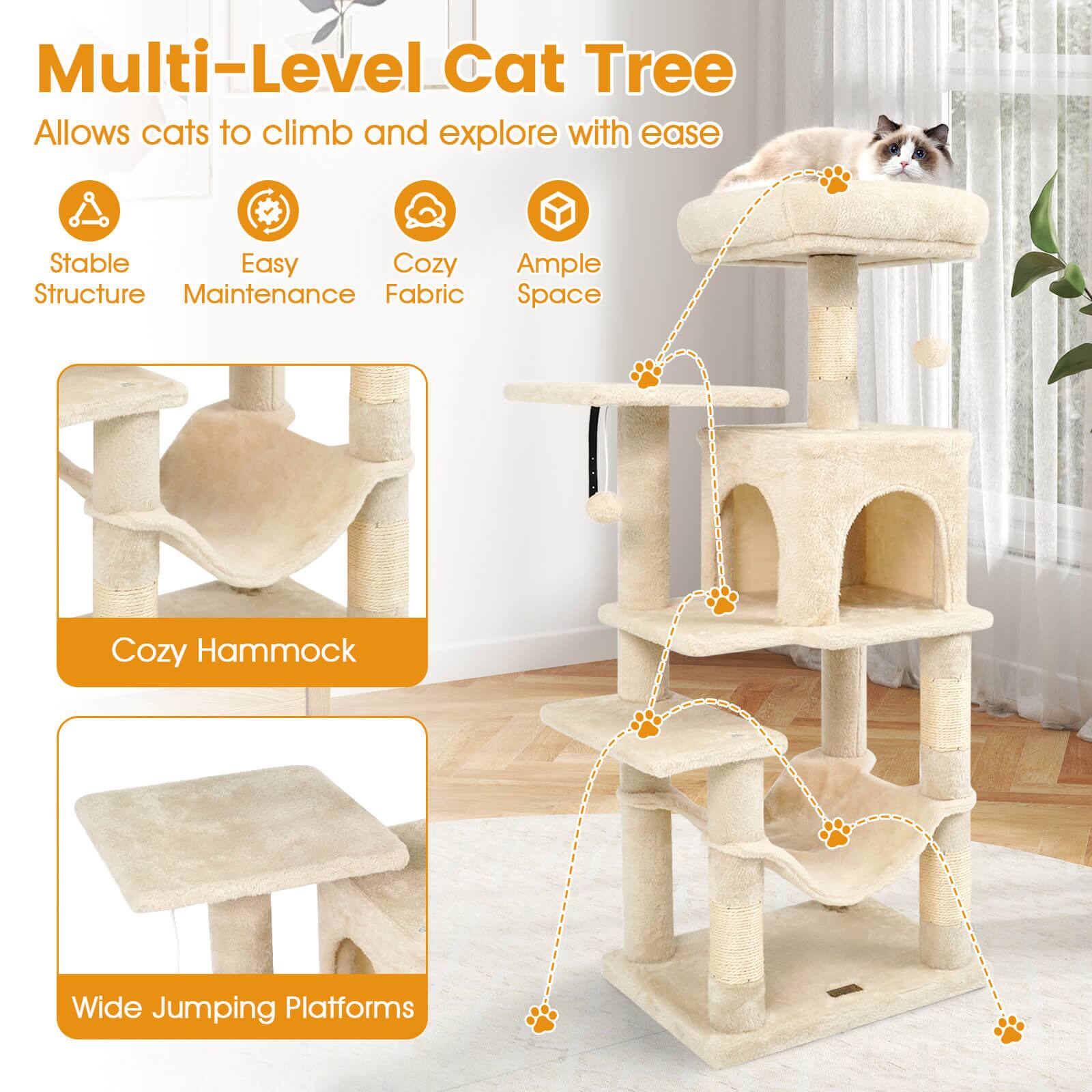 Multi-Level Cat Tree  
Allows cats to climb and explore with ease  

- Stable Structure  
- Easy Maintenance  
- Cozy Fabric  
- Ample Space  

- Cozy Hammock  
- Wide Jumping Platforms