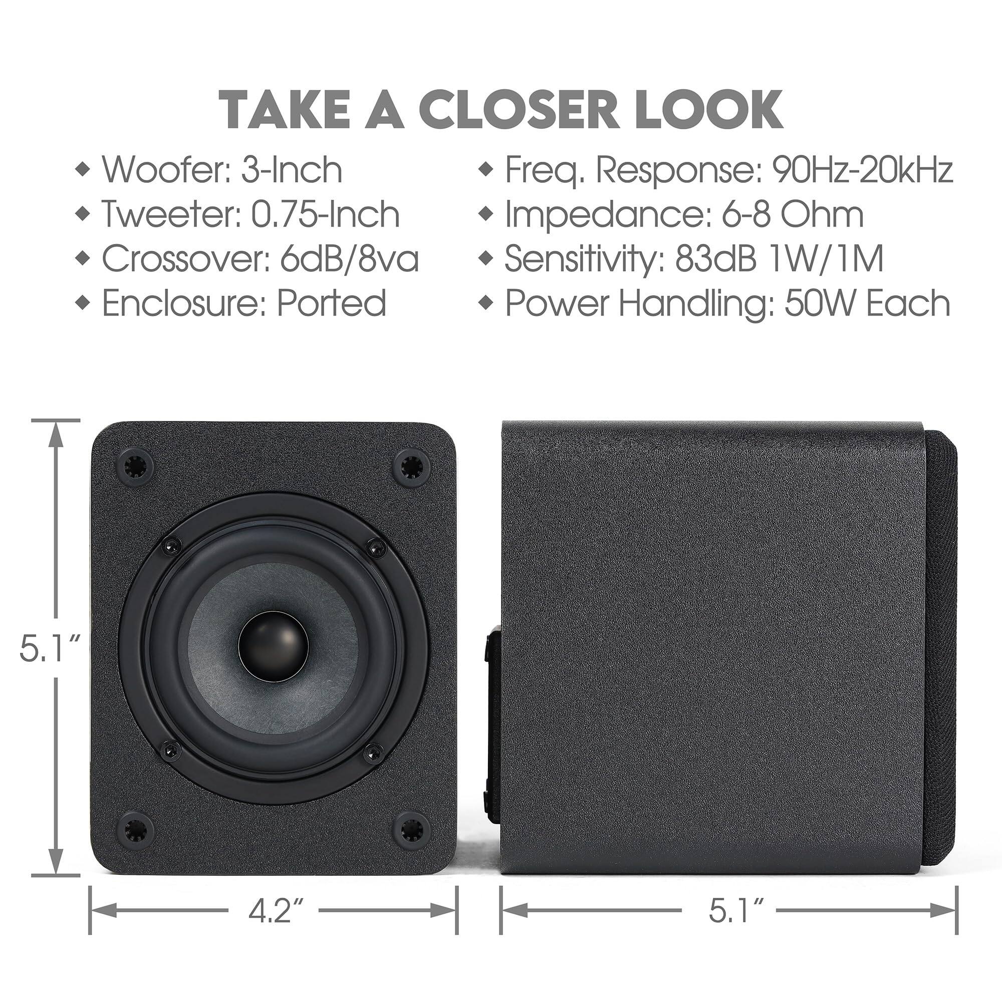 TAKE A CLOSER LOOK

- Woofer: 3-Inch
- Tweeter: 0.75-Inch
- Crossover: 6dB/8va
- Enclosure: Ported

- Freq. Response: 90Hz-20kHz
- Impedance: 6-8 Ohm
- Sensitivity: 83dB 1W/1M
- Power Handling: 50W Each

Dimensions:
- Height: 5.1"
- Width: 4.2"
- Depth: 5.1"