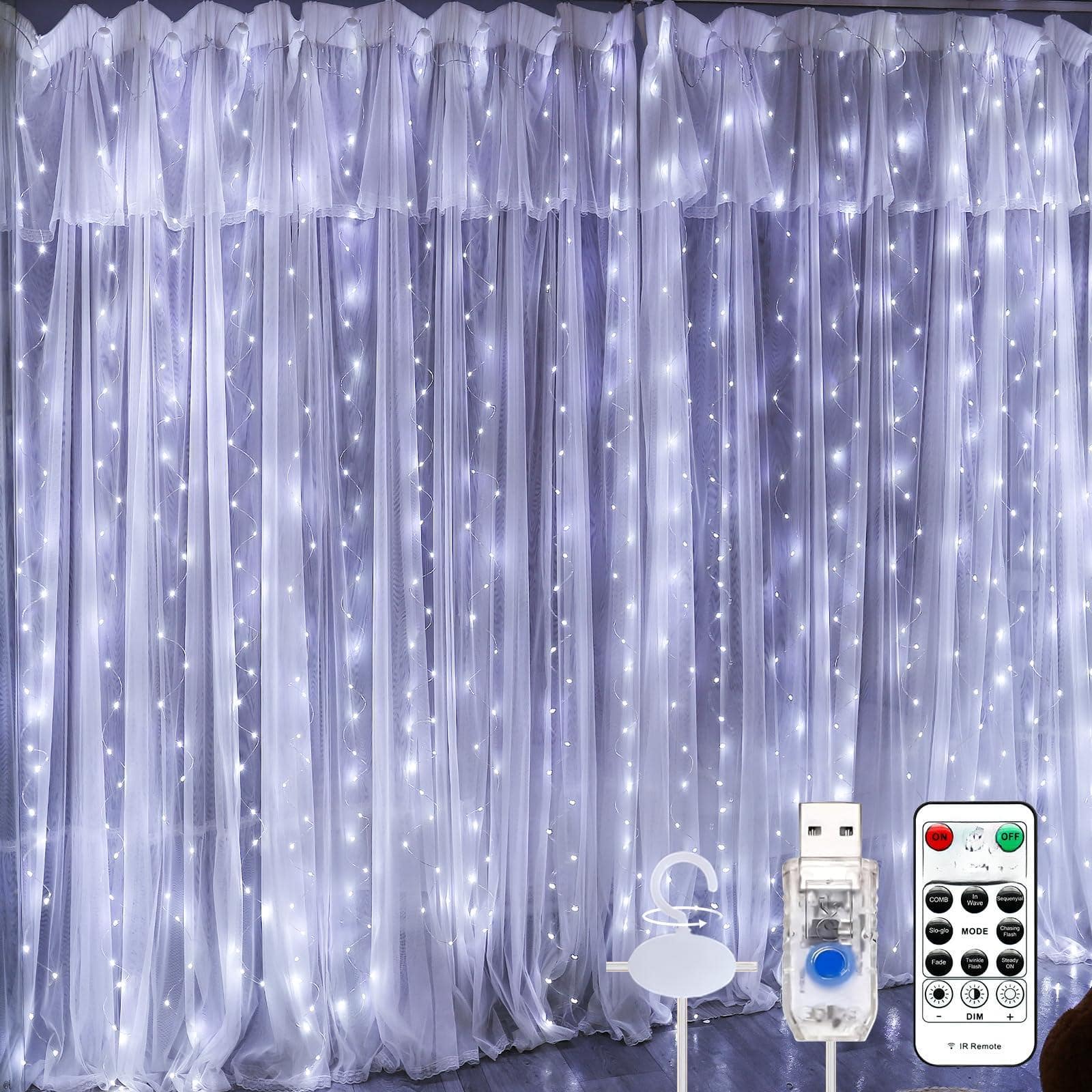 Stylel Star - Warm White Curtain Light For Bedroom 300 Led 9.8ft X Window Fairy String With 16 Hooks 8 Models Remote Control - White-600L