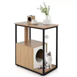 Gymax - Cat Furniture End Table w/ Scratching Post Removable Scratching Mat Living Room - Natural