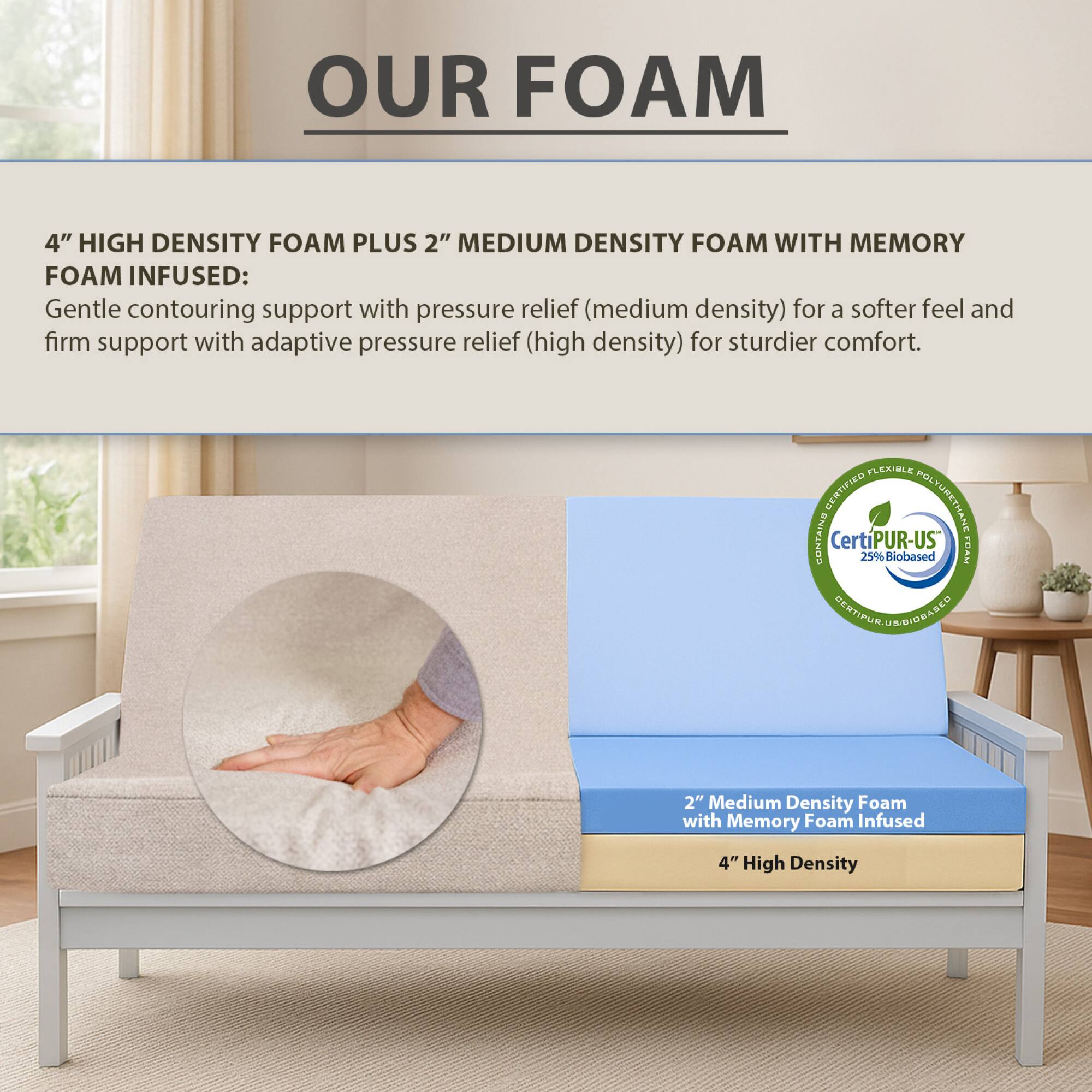 **OUR FOAM**

**4" HIGH DENSITY FOAM PLUS 2" MEDIUM DENSITY FOAM WITH MEMORY FOAM INFUSED:**

Gentle contouring support with pressure relief (medium density) for a softer feel and firm support with adaptive pressure relief (high density) for sturdier comfort.

**2" Medium Density Foam with Memory Foam Infused**

**4" High Density**

**Certified Flexible Foam**

**CertiPUR-US**

**25% Bio-based**