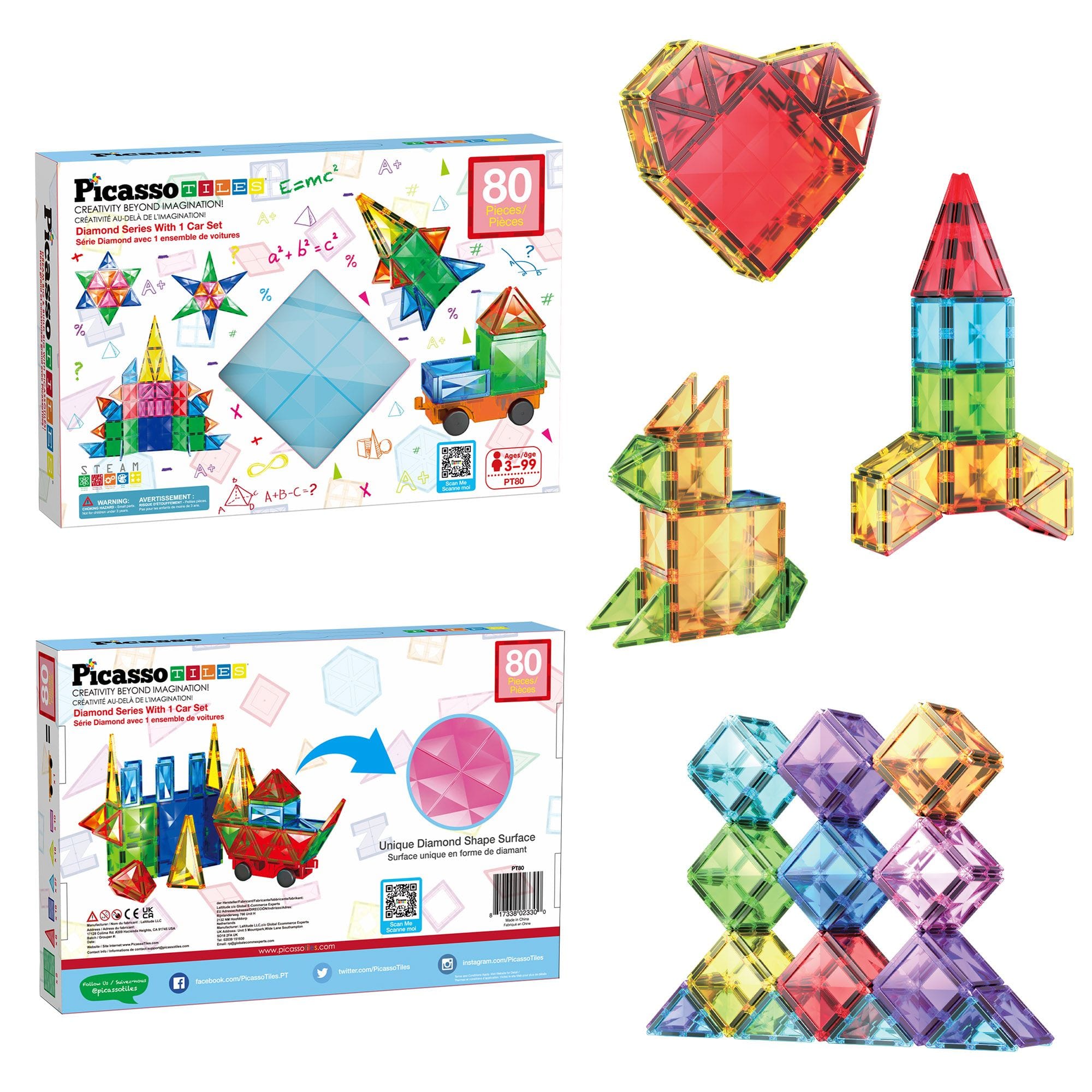 PicassoTiles - PICASSO-TILES 80PCS Magnetic Tiles Diamond Series for Kids – STEM Construction Building Blocks Toy