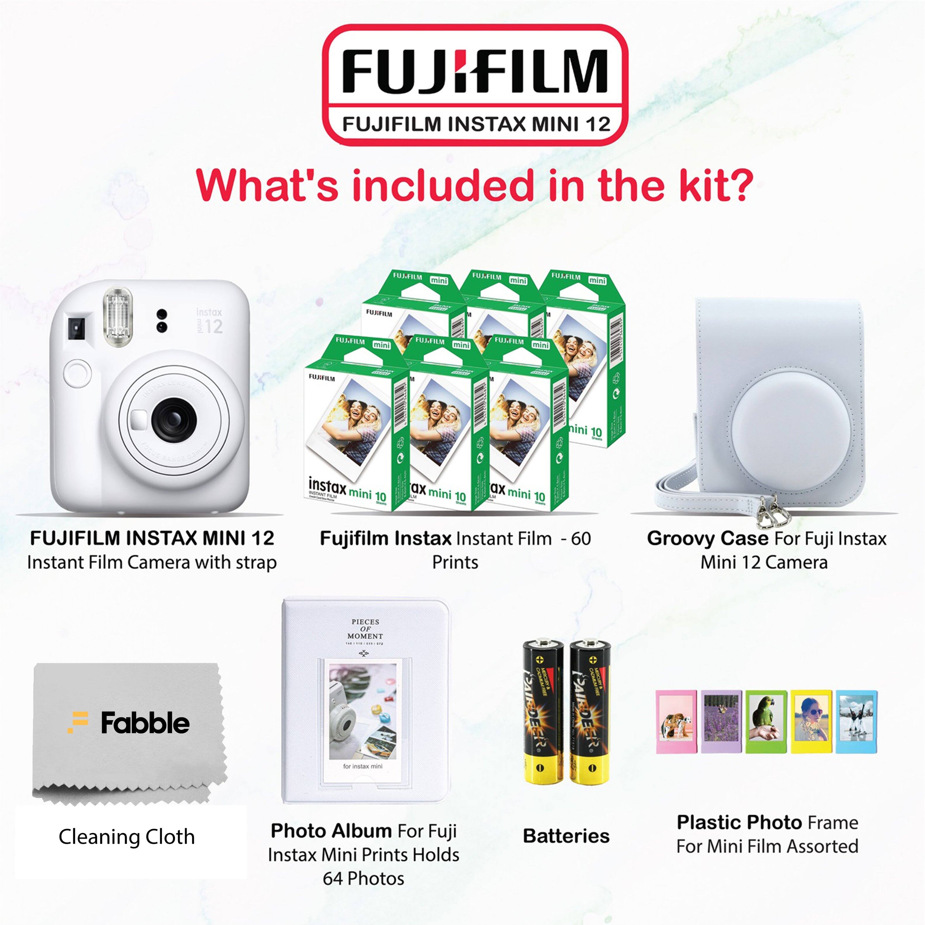 FUJIFILM INSTAX MINI 12

What's included in the kit?

- FUJIFILM INSTAX MINI 12 Instant Film Camera with strap
- Fujifilm Instax Instant Film - 60 Prints
- Groovy Case For Fuji Instax Mini 12 Camera
- Cleaning Cloth
- Photo Album For Fuji Instax Mini Prints Holds 64 Photos
- Batteries
- Plastic Photo Frame For Mini Film Assorted