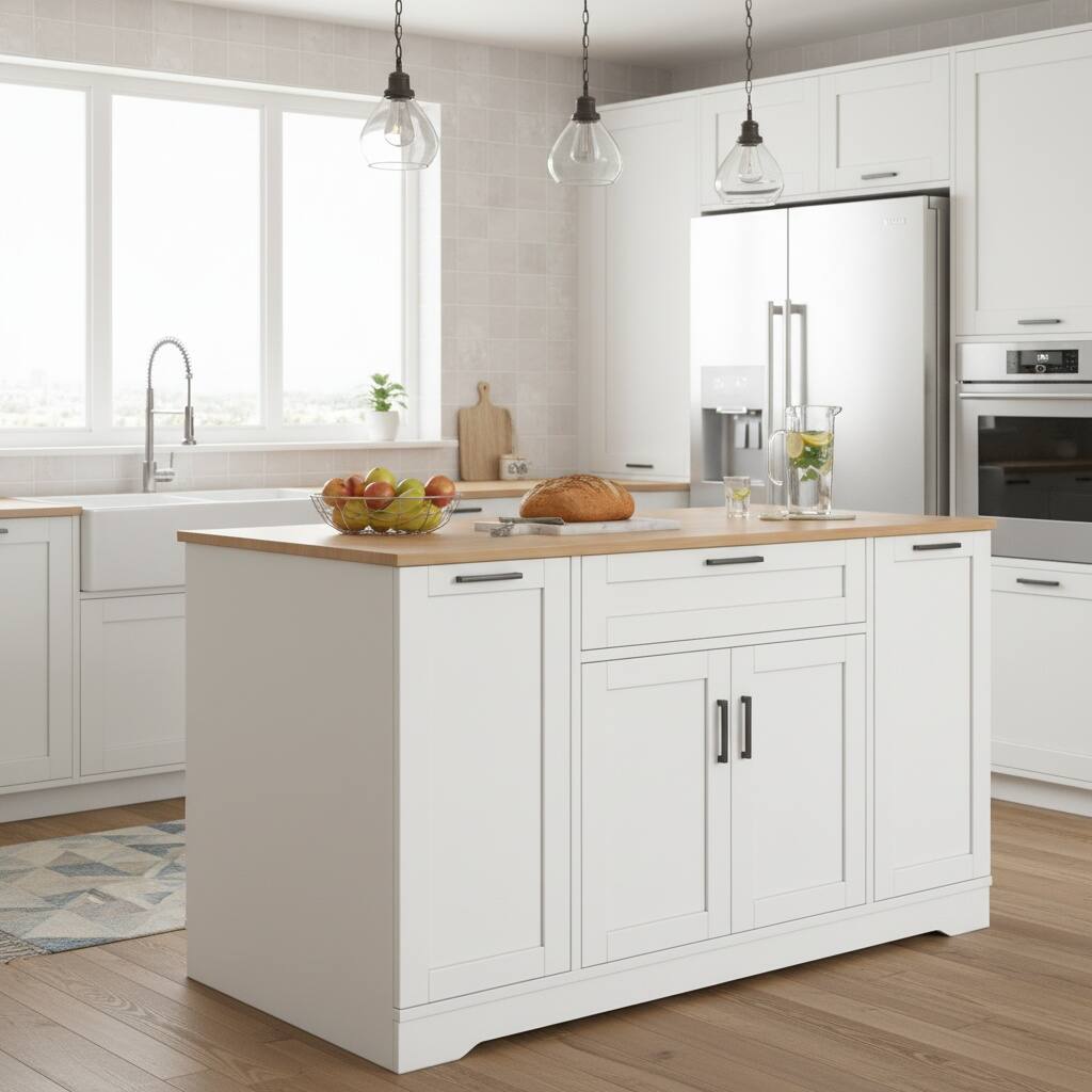 Left. Forest'nSky - Multi-Functional Kitchen Island, Extendable Dining Table with Storage Shelves & Pull-Out Rack, White - White.