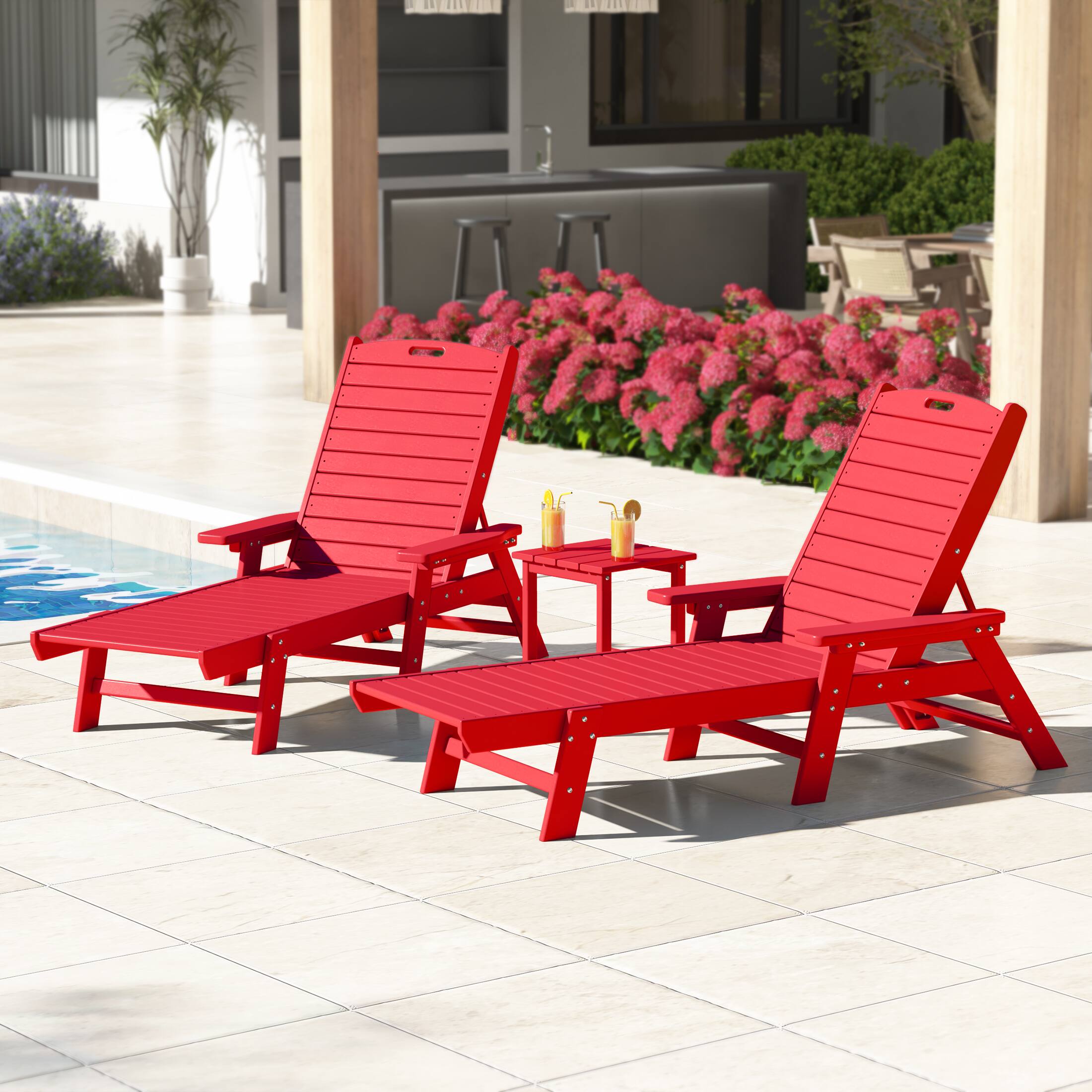 Angle. WestinTrends - WestinTrends Malibu 3 piece Set Poly Adirondack Outdoor Chaise Lounges with Side Table - Red.