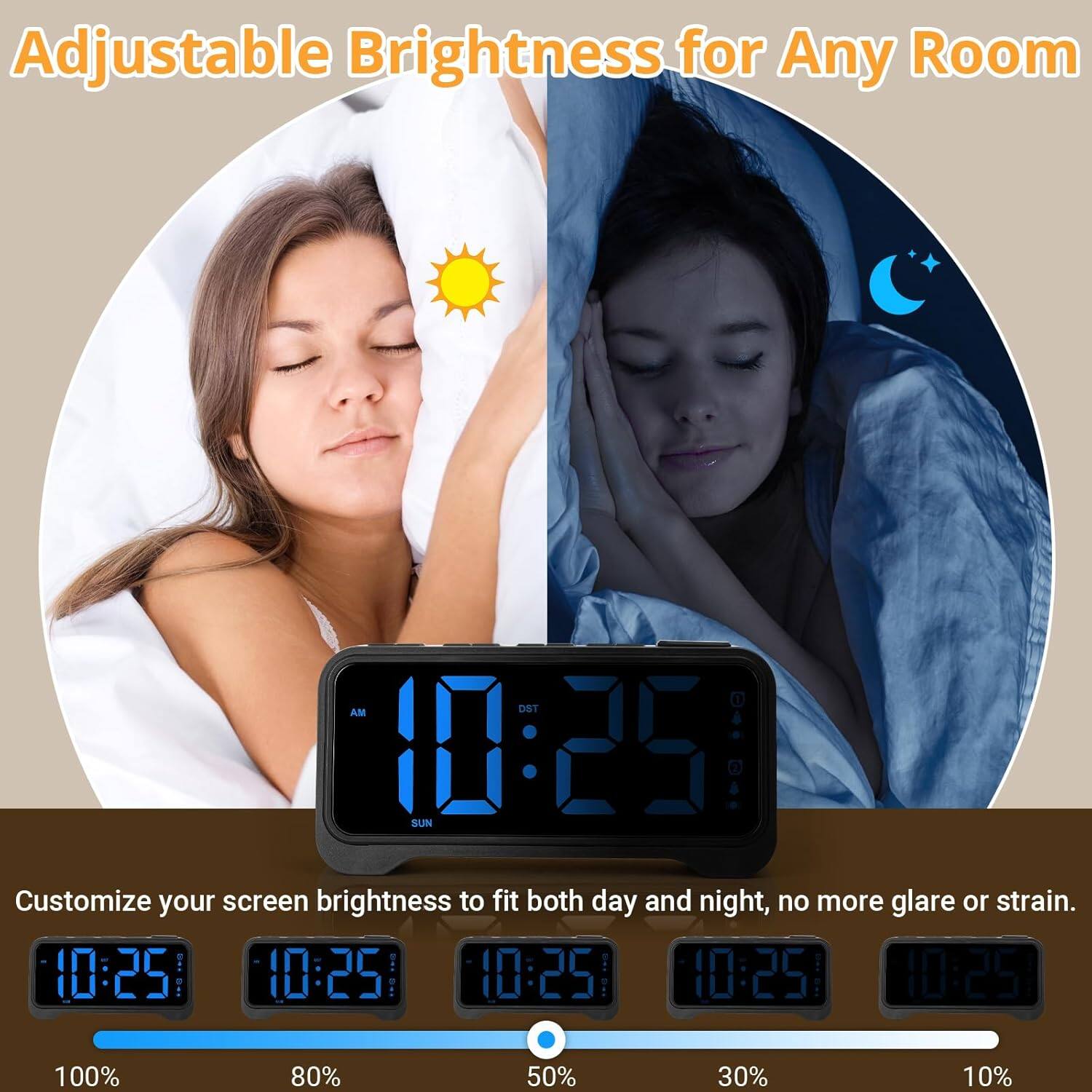 Adjustable Brightness for Any Room

Customize your screen brightness to fit both day and night, no more glare or strain.

10:25 AM DST SUN

100% 80% 50% 30% 10%