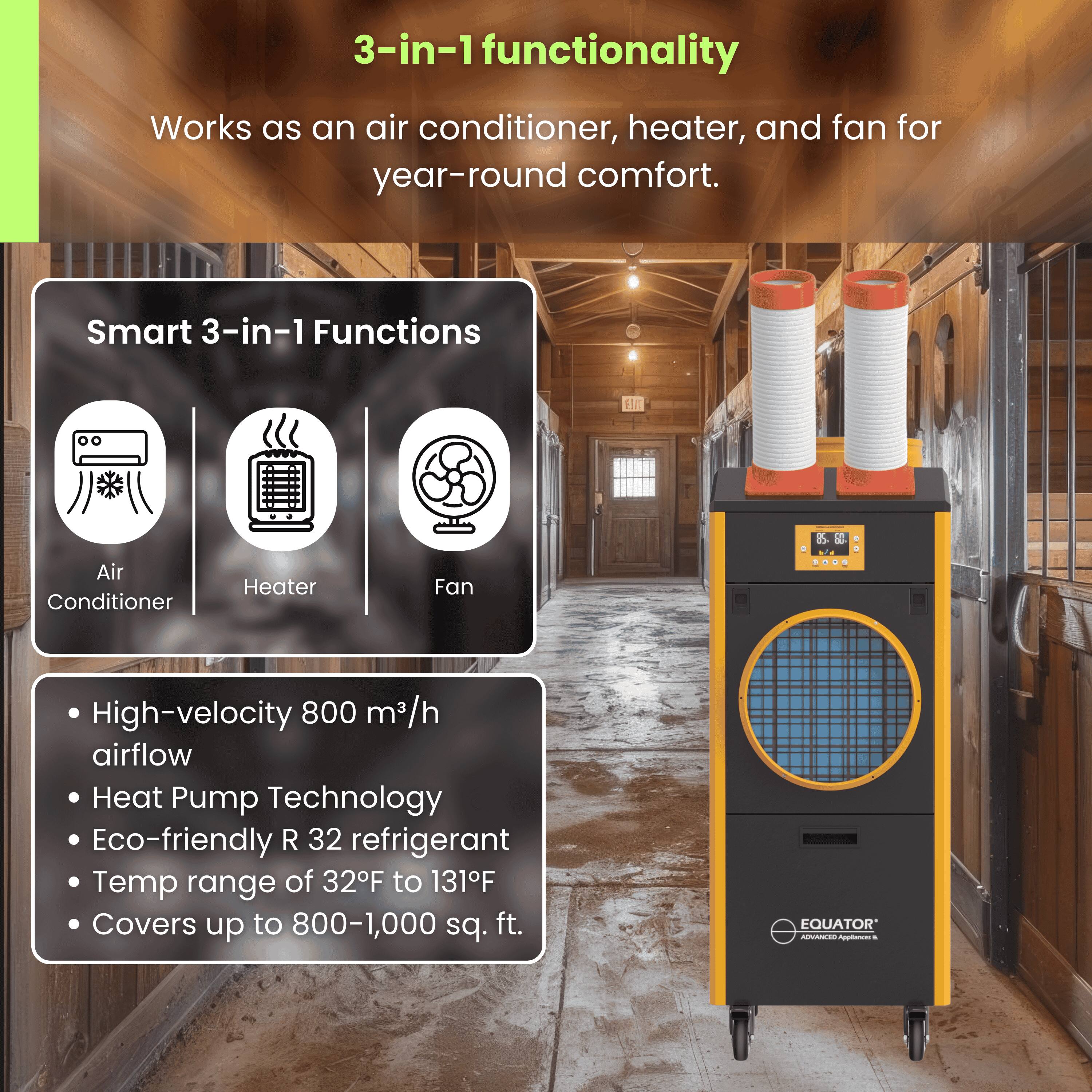 3-in-1 functionality  
Works as an air conditioner, heater, and fan for year-round comfort.

Smart 3-in-1 Functions  
Air Conditioner  
Heater  
Fan

- High-velocity 800 m³/h airflow  
- Heat Pump Technology  
- Eco-friendly R 32 refrigerant  
- Temp range of 32°F to 131°F  
- Covers up to 800-1,000 sq. ft.

EQUATOR  
Innovative Appliances