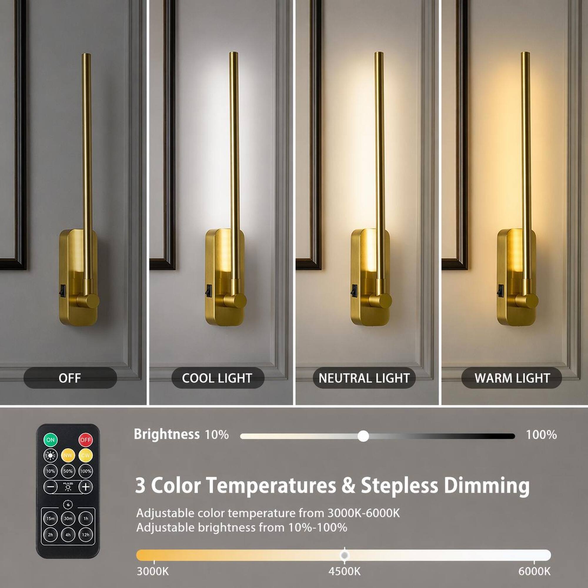 OFF  
COOL LIGHT  
NEUTRAL LIGHT  
WARM LIGHT  
ON  
OFF  
Brightness 10%  
100%  
NW  
CW  
10% - 15m 2h  
50% by 30m a  
100% + 1h 12h  
3 Color Temperatures & Stepless Dimming  
Adjustable color temperature from 3000K-6000K  
Adjustable brightness from 10%-100%  
3000K  
4500K  
6000K