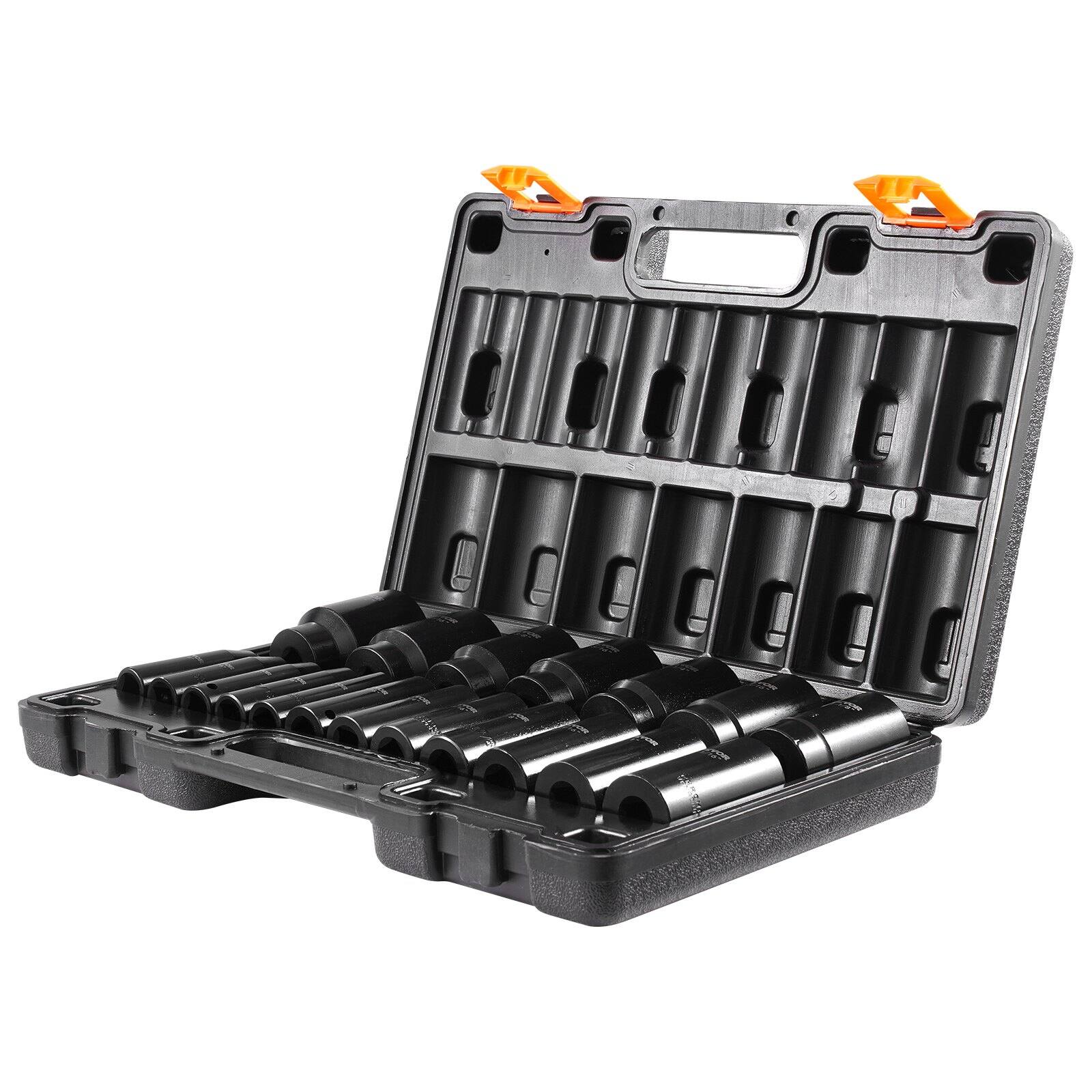 Back. LOVMOR - Impact Socket Set 1 2 Inch 19 Piece 6 Point Deep Sockets Rugged Steel Construction with Storage Cage.