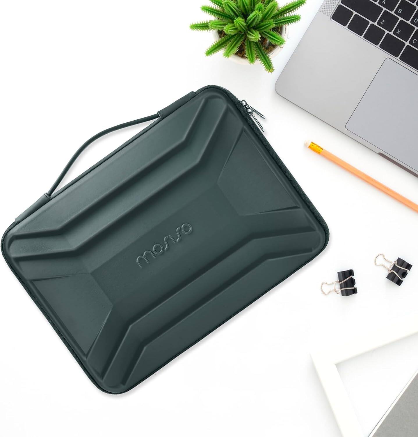 Alt View 3. mosiso - Waterproof Laptop Sleeve 13-14 inch EVA Hard Shell Laptop Carrying Case with Handle for MacBook Air Pro 13 14 HP Dell - Antique Green.