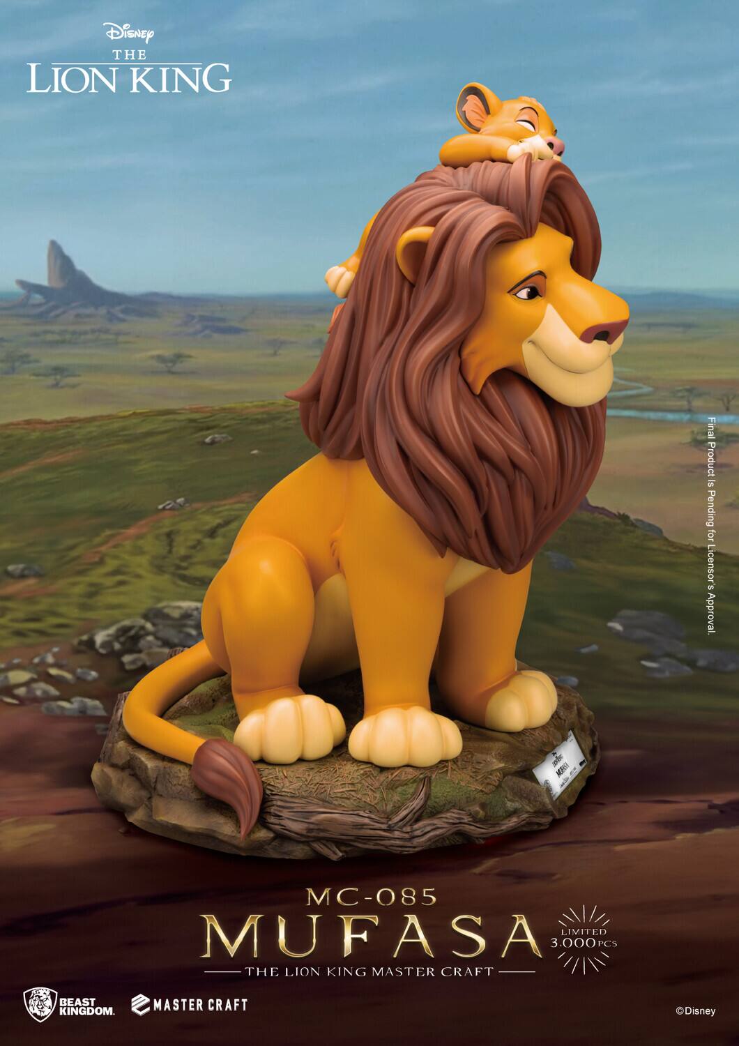 Disney THE LION KING  
Final Product Pending for Licensor's Approval  

MC-085  
MUFASA  
THE LION KING MASTER CRAFT  
LIMITED 3,000 PCS  

BEAST KINGDOM  
MASTER CRAFT  

©Disney