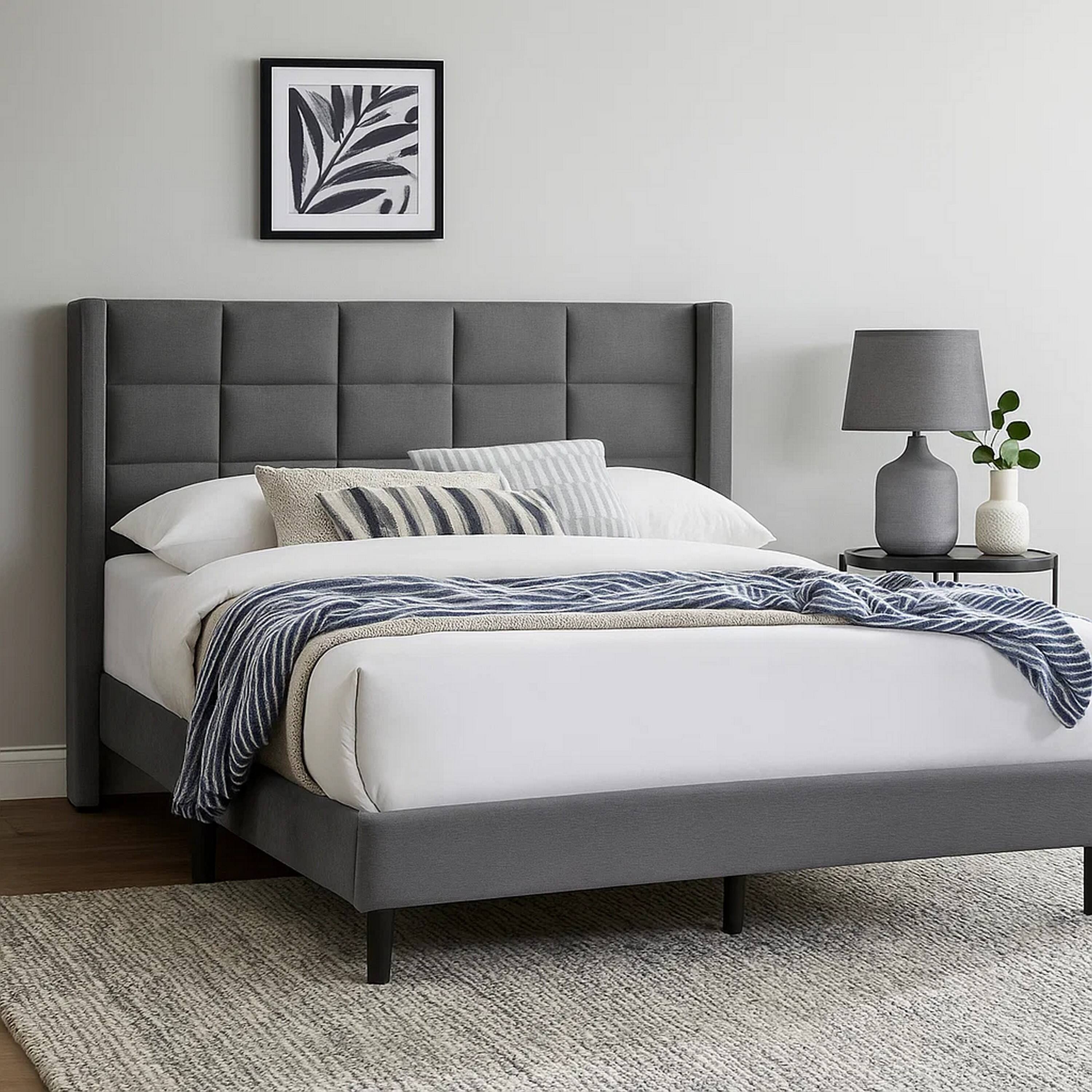 Alt View 6. Manhattan Lane - Zensa Full Bed, Light Gray Linen Upholstery, Padded Wing Headboard - Light Gray, Black.