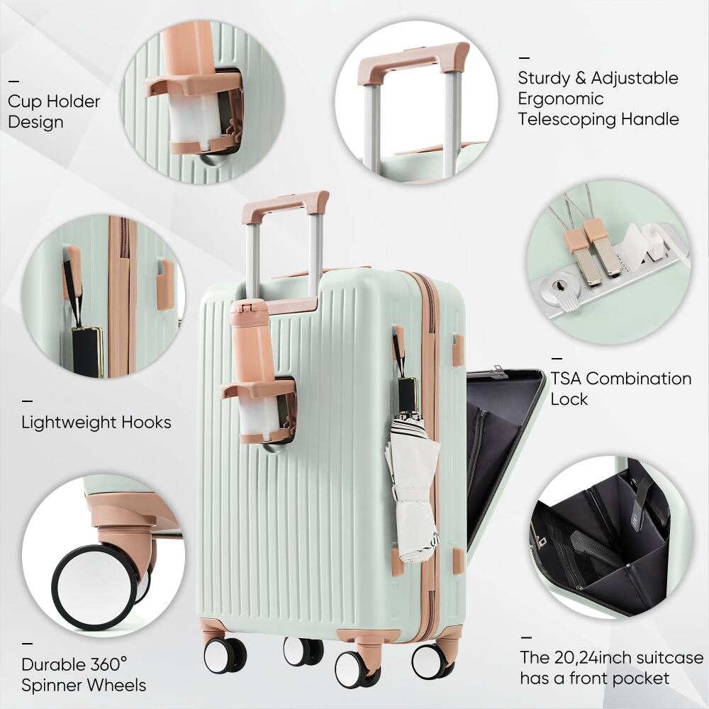 - Cup Holder Design
- Sturdy & Adjustable Ergonomic Telescoping Handle
- Lightweight Hooks
- TSA Combination Lock
- Durable 360° Spinner Wheels
- The 20, 24inch suitcase has a front pocket