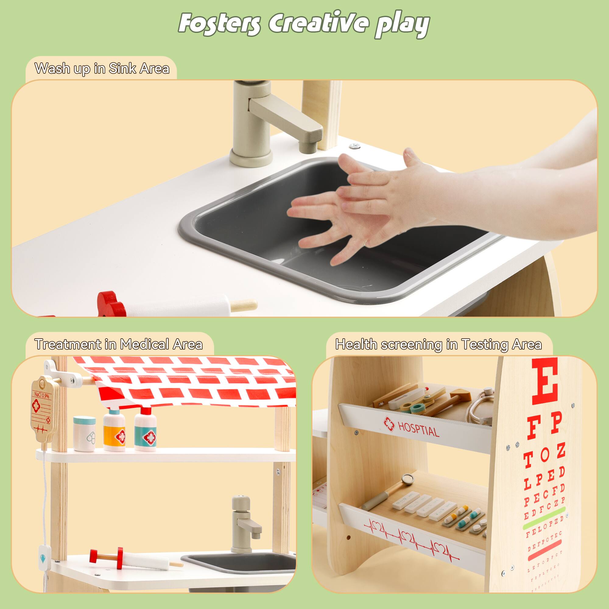 Fosters Creative play

- Wash up in Sink Area
- Treatment in Medical Area
- Health screening in Testing Area

E FP TOZ LPED PECED EDFCEP +4 FELOPED 24 est
