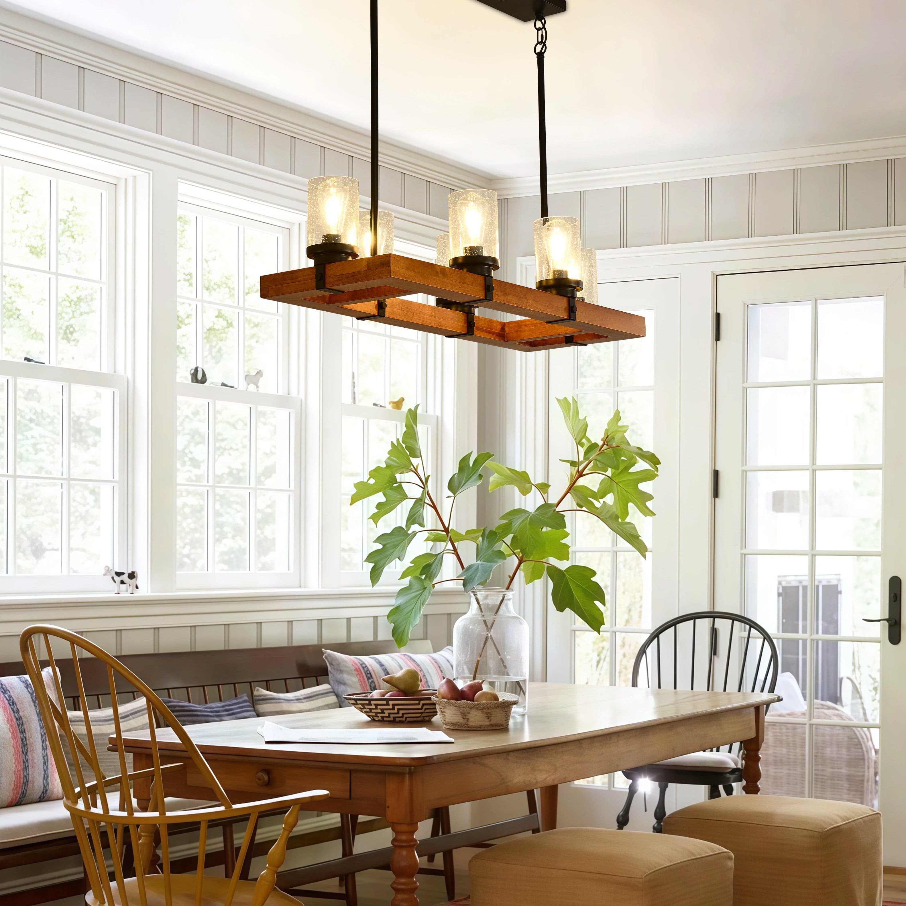 RYHNUYNE 6 Light Farmhouse Wood Chandelier with Seeded Glass