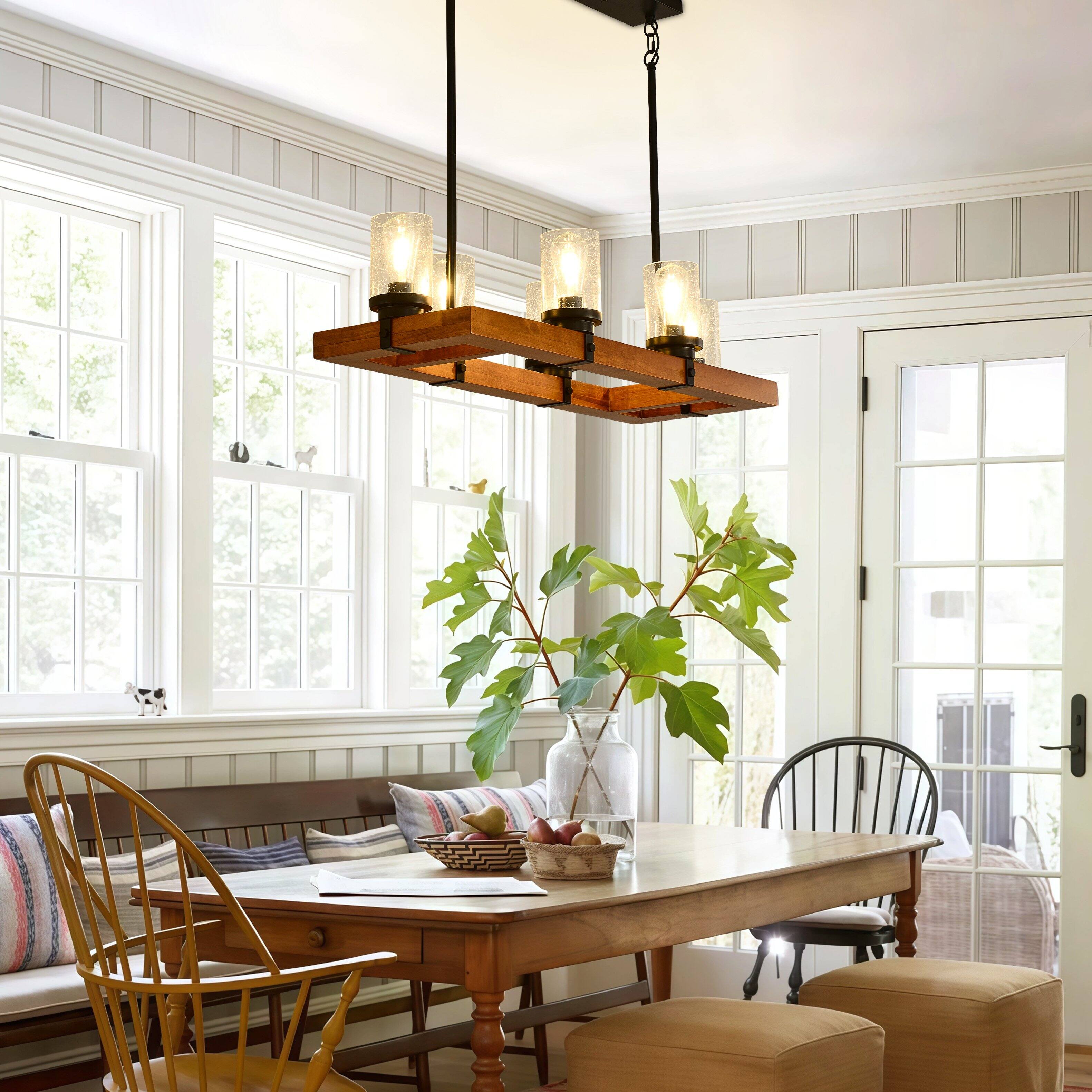 Alt View 1. RYHNUYNE - 6-Light Farmhouse Wood Chandelier with Seeded Glass Shades - Rustic Rectangular Pendant Light for Dining Room Kitchen - Black.