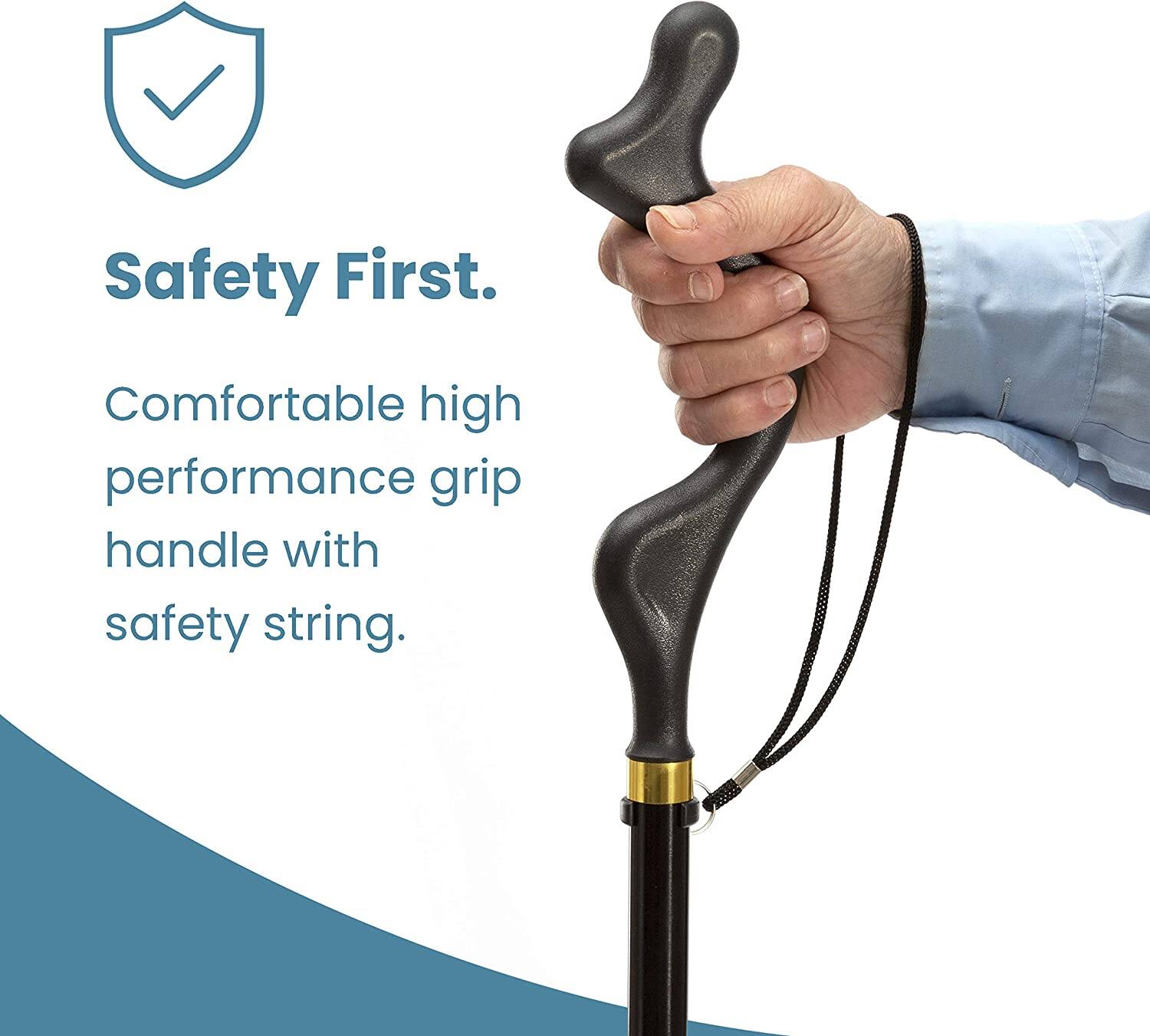 Safety First.  
Comfortable high performance grip handle with safety string.