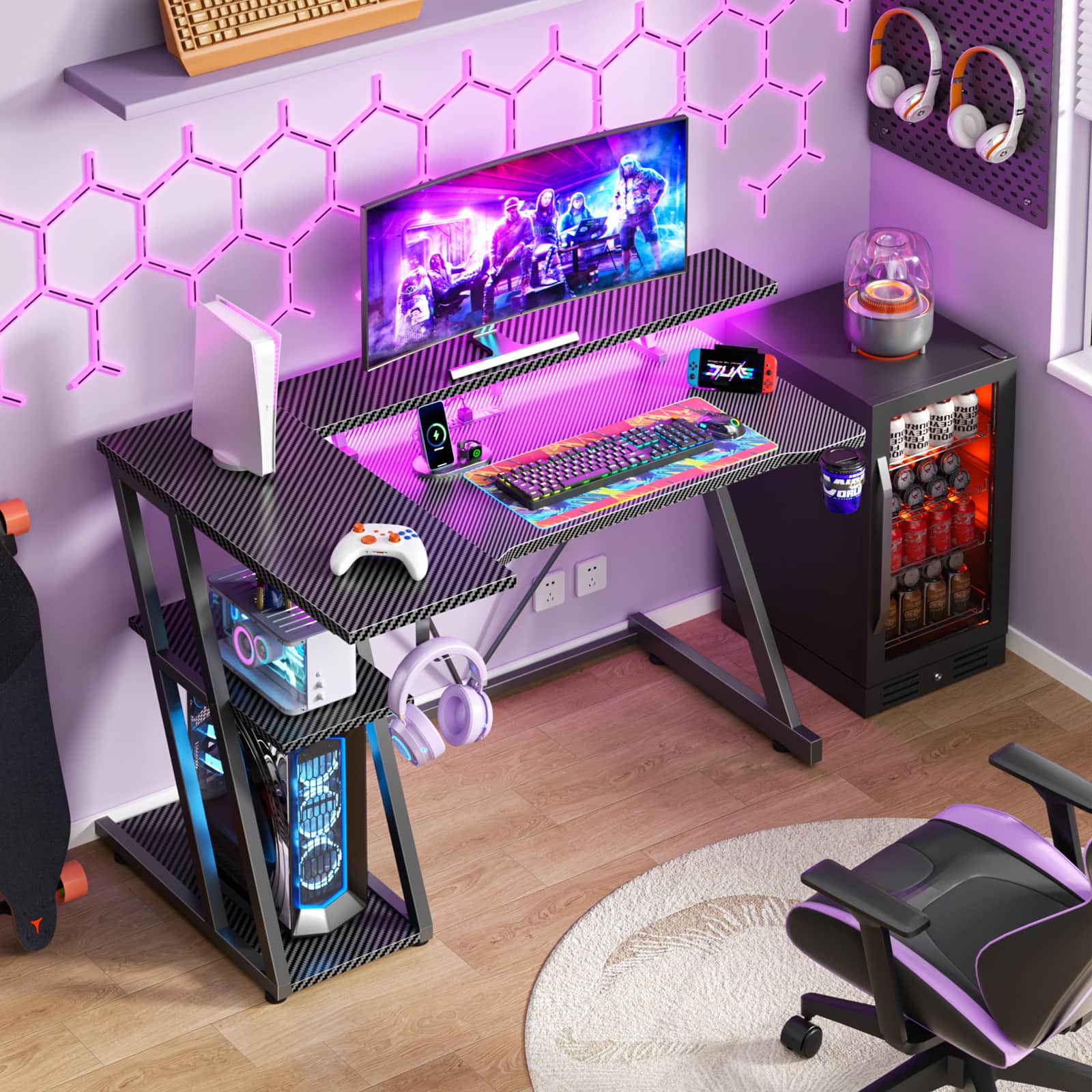 Furnulem - 39 In Gaming Desk with Monitor StandCPU StandPower OutletLED LightHome Office Desk with Cup HolderHeadphone Hook - Black