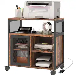 Vinsetto - Stand with Socket and USB Charging Ports, Industrial Mobile Printer Table with Storage and Wheels - Rustic brown