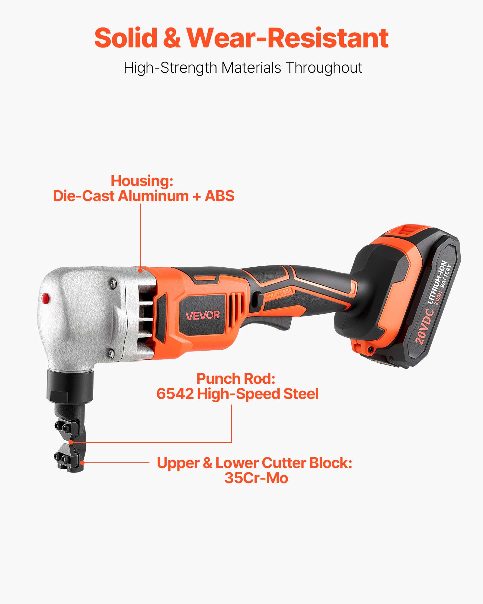 Solid & Wear-Resistant  
High-Strength Materials Throughout  

Housing:  
Die-Cast Aluminum + ABS  

Punch Rod:  
6542 High-Speed Steel  

Upper & Lower Cutter Block:  
35Cr-Mo