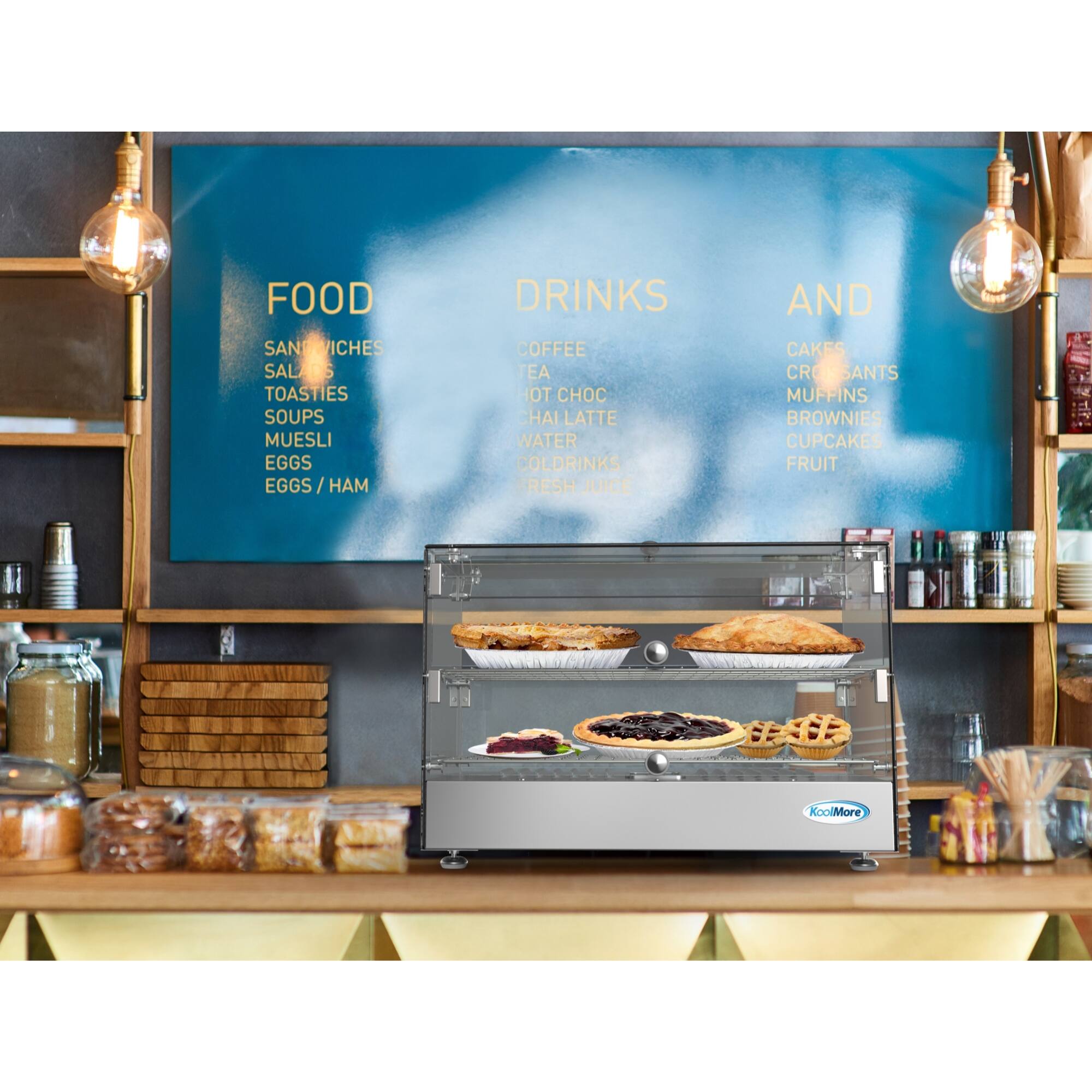 FOOD  
SANDWICHES  
SALADS  
TOASTIES  
SOUPS  
MUESLI  
EGGS  
EGGS / HAM  

DRINKS  
COFFEE  
TEA  
HOT CHOC  
CHAI LATTE  
WATER  
COLD DRINKS  
JUICE  

AND  
CAKES  
CROISSANTS  
MUFFINS  
BROWNIES  
CUPCAKES  
FRUIT  

KoolMore