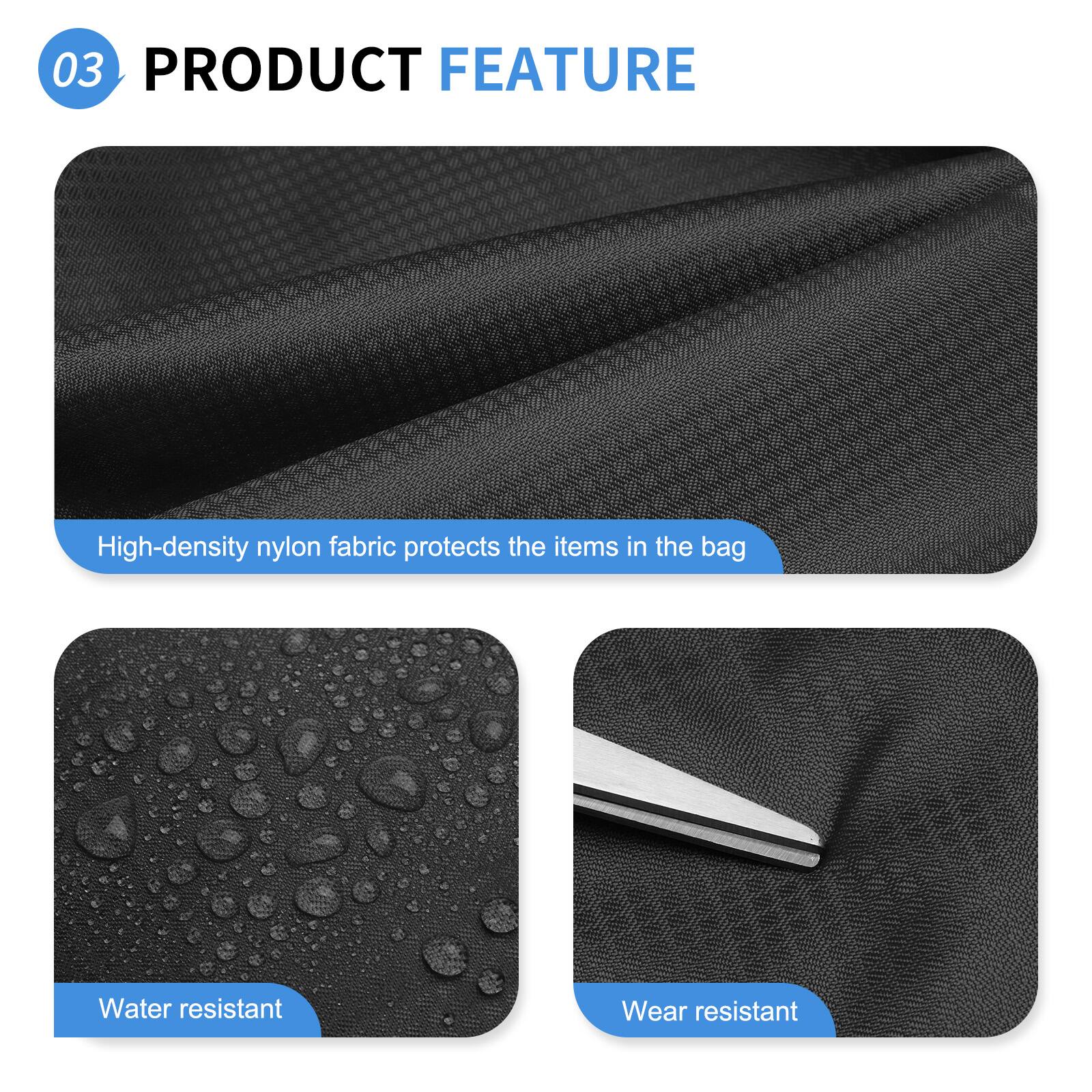 03 PRODUCT FEATURE

- High-density nylon fabric protects the items in the bag
- Water resistant
- Wear resistant