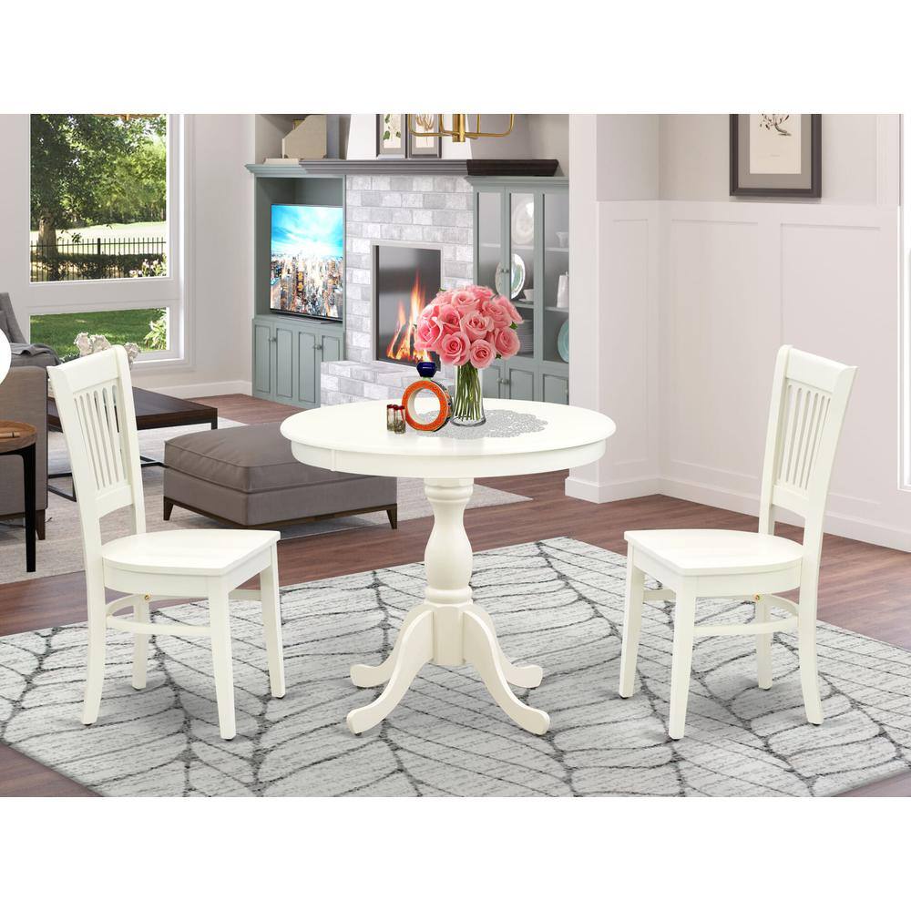 Alt View 4. East West Furniture - AMVA3-LWH-W - 3-Pc Dining Room Table Set- 2 Dining Room Chair and Dining Table - Wooden Seat and Slatted Chair Back - Linen White.
