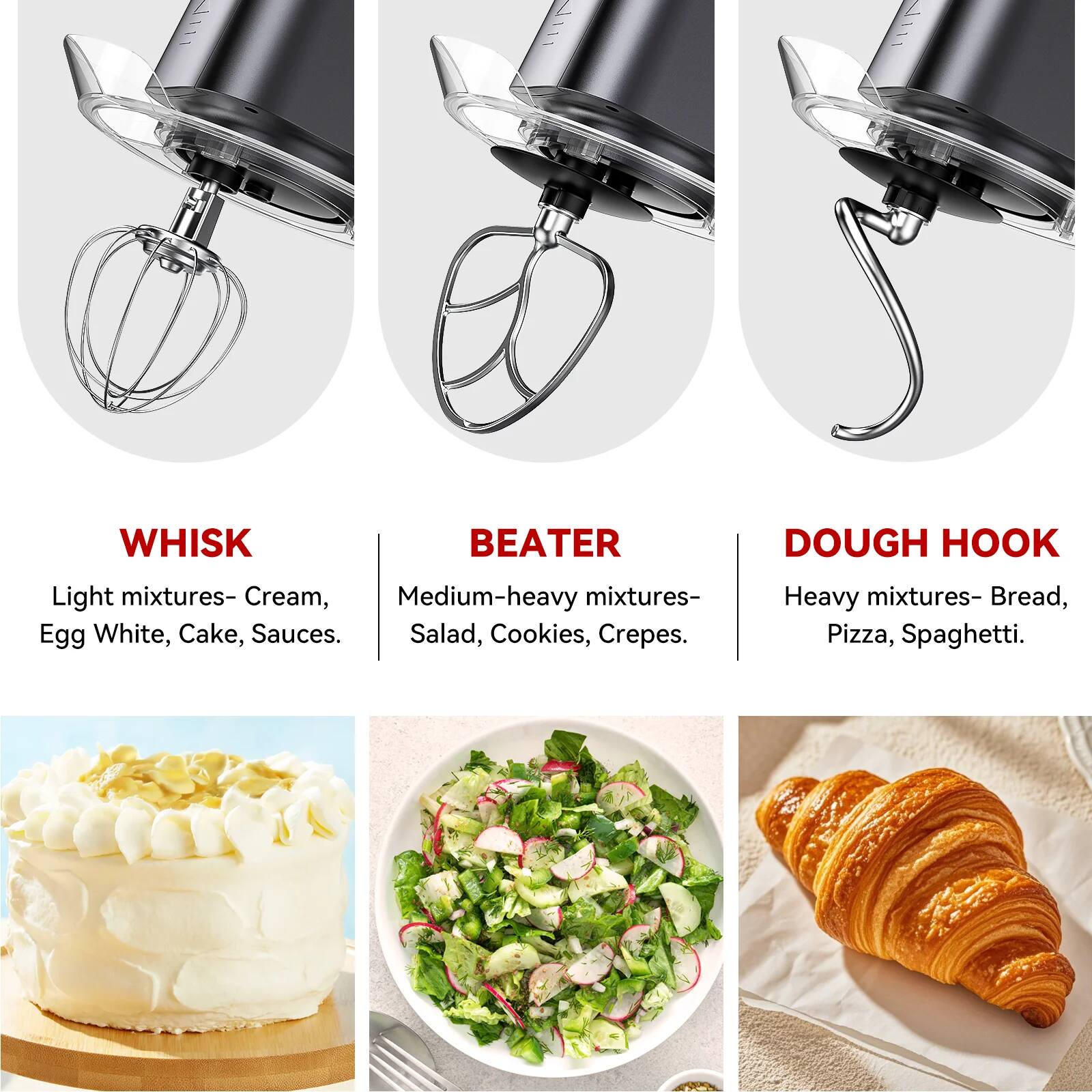 WHISK  
Light mixtures- Cream, Egg White, Cake, Sauces.  

BEATER  
Medium-heavy mixtures- Salad, Cookies, Crepes.  

DOUGH HOOK  
Heavy mixtures- Bread, Pizza, Spaghetti.