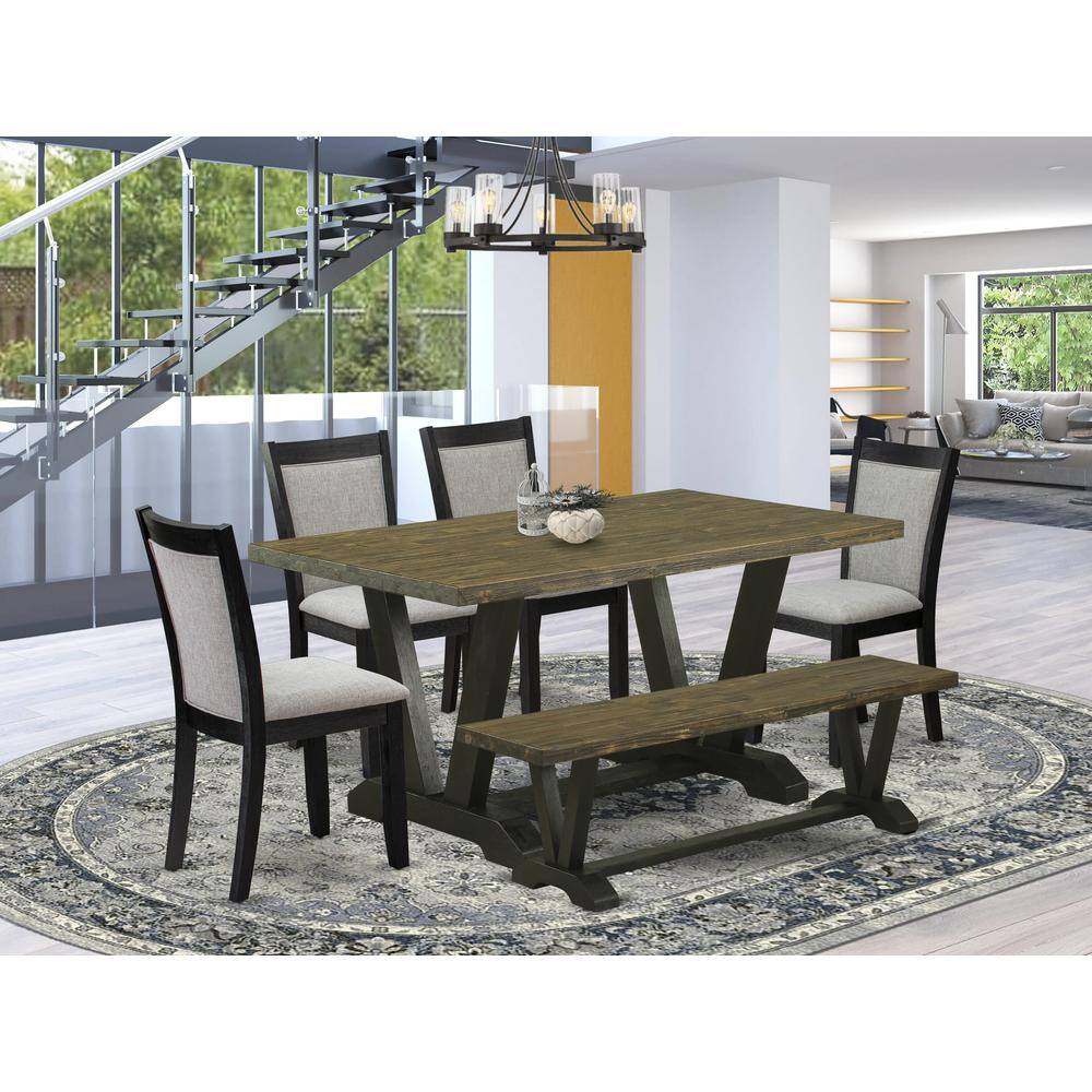 Alt View 3. East West Furniture - V676MZ606-6 6 Pc Dining Table Set - Distressed Jacobean Dinner Table with a Bench and 4 Shitake Chairs - Wire Brushed - Multi-Color.