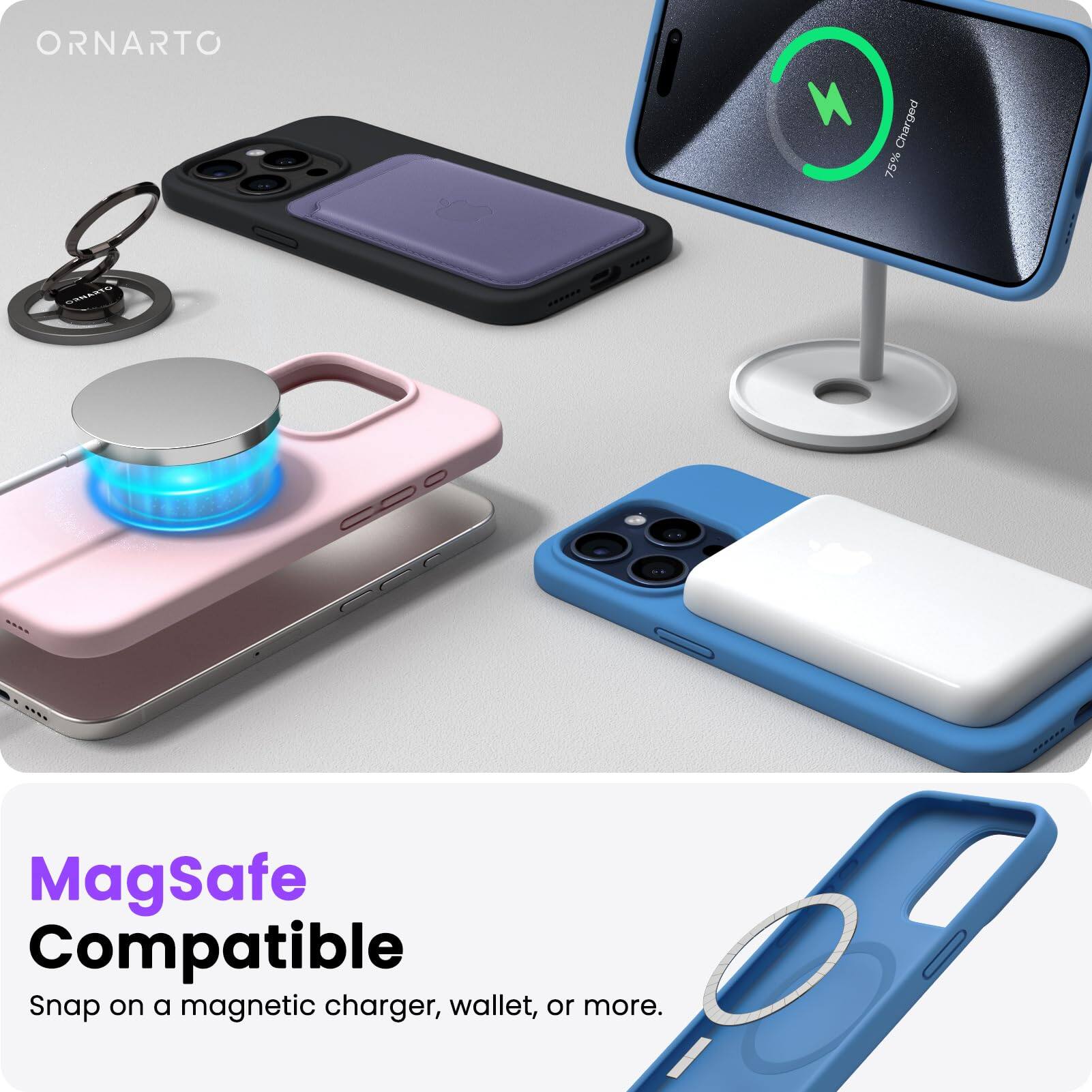 ORNARTO Magsafe Compatible Snap on a magnetic charger, wallet, or more. Charged 75%