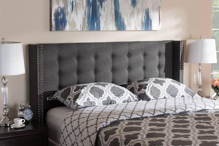 Back. Baxton Studio - Ginaro Modern And Contemporary Fabric Button-Tufted Nail head Queen Size Winged Headboard - Dark Grey.