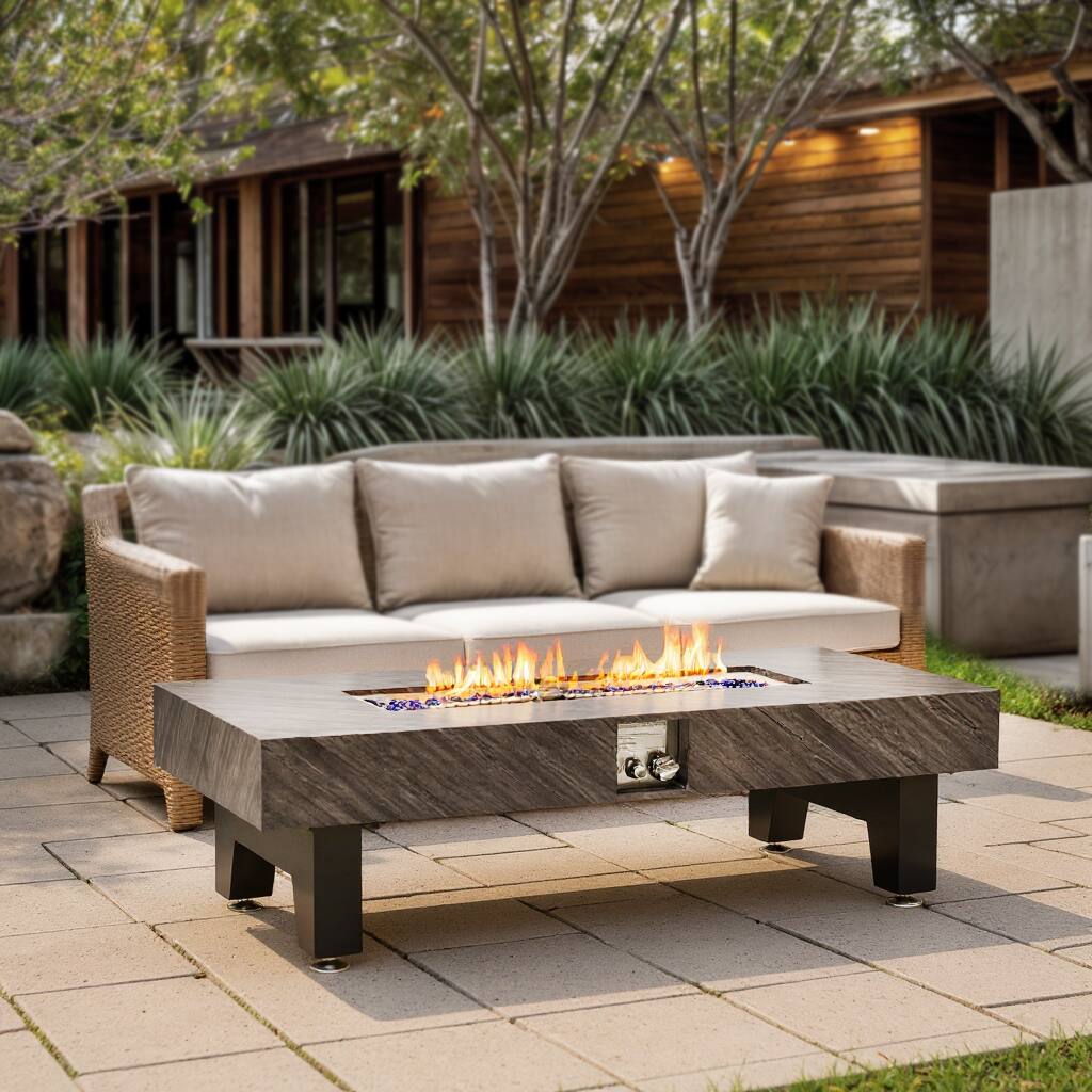 Angle. PexFix - 54" Propane Fire Pit Table, 50,000 BTU Outdoor Heater with Stone Finish & Waterproof Cover for Patio Deck - Grey.