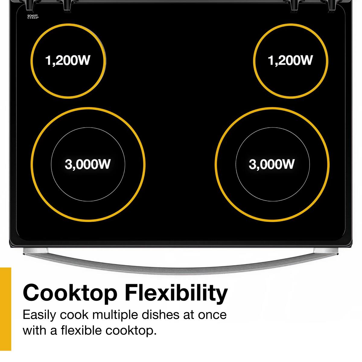 Sure, here is the corrected and grouped text:

---

**Cooktop Flexibility**

Easily cook multiple dishes at once with a flexible cooktop.

- 1,200W
- 1,200W
- 3,000W
- 3,000W

---