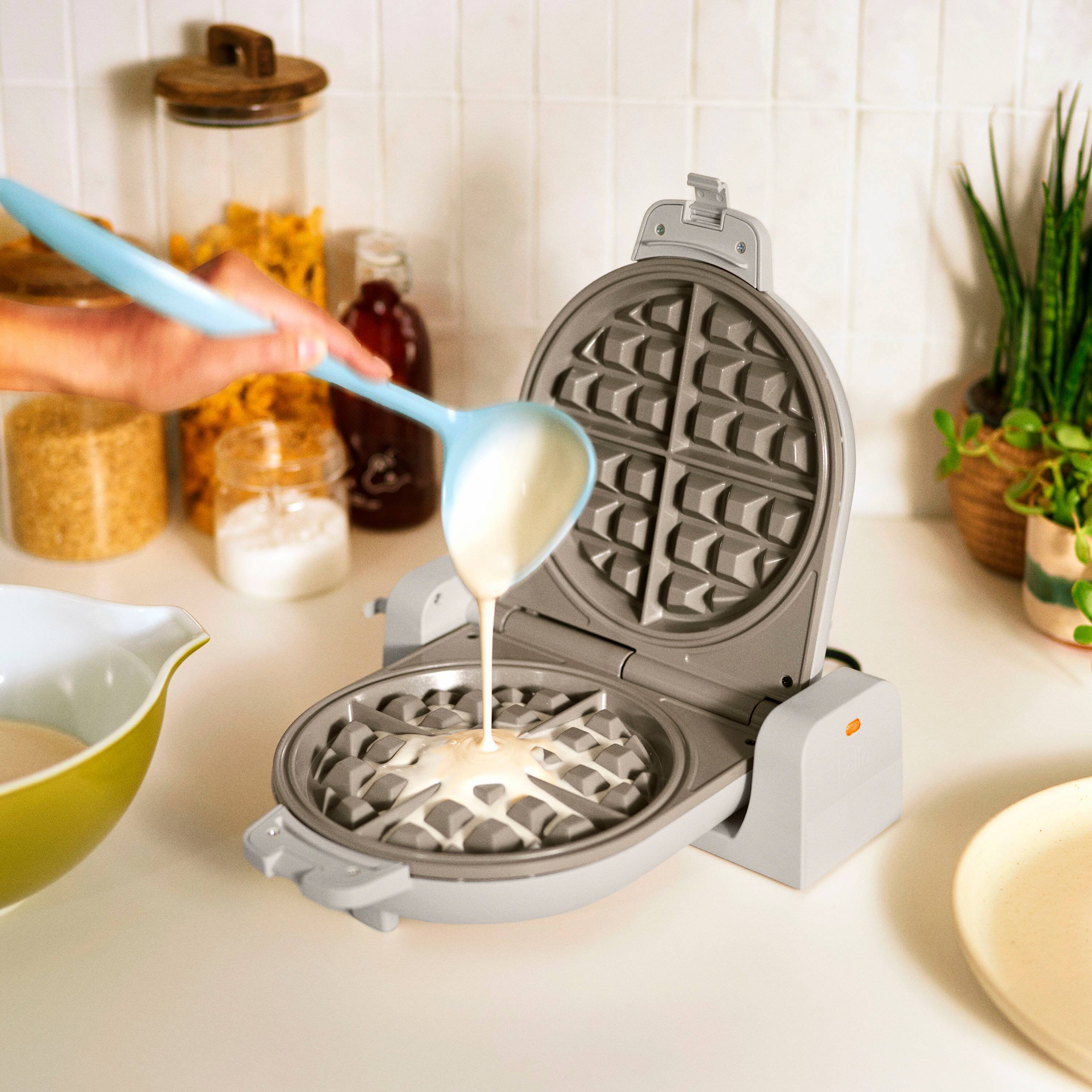 Alt View 7. Bella - Fits-anywhere Kitchenware: Flip & Store Belgian Waffle Maker - Oatmilk.