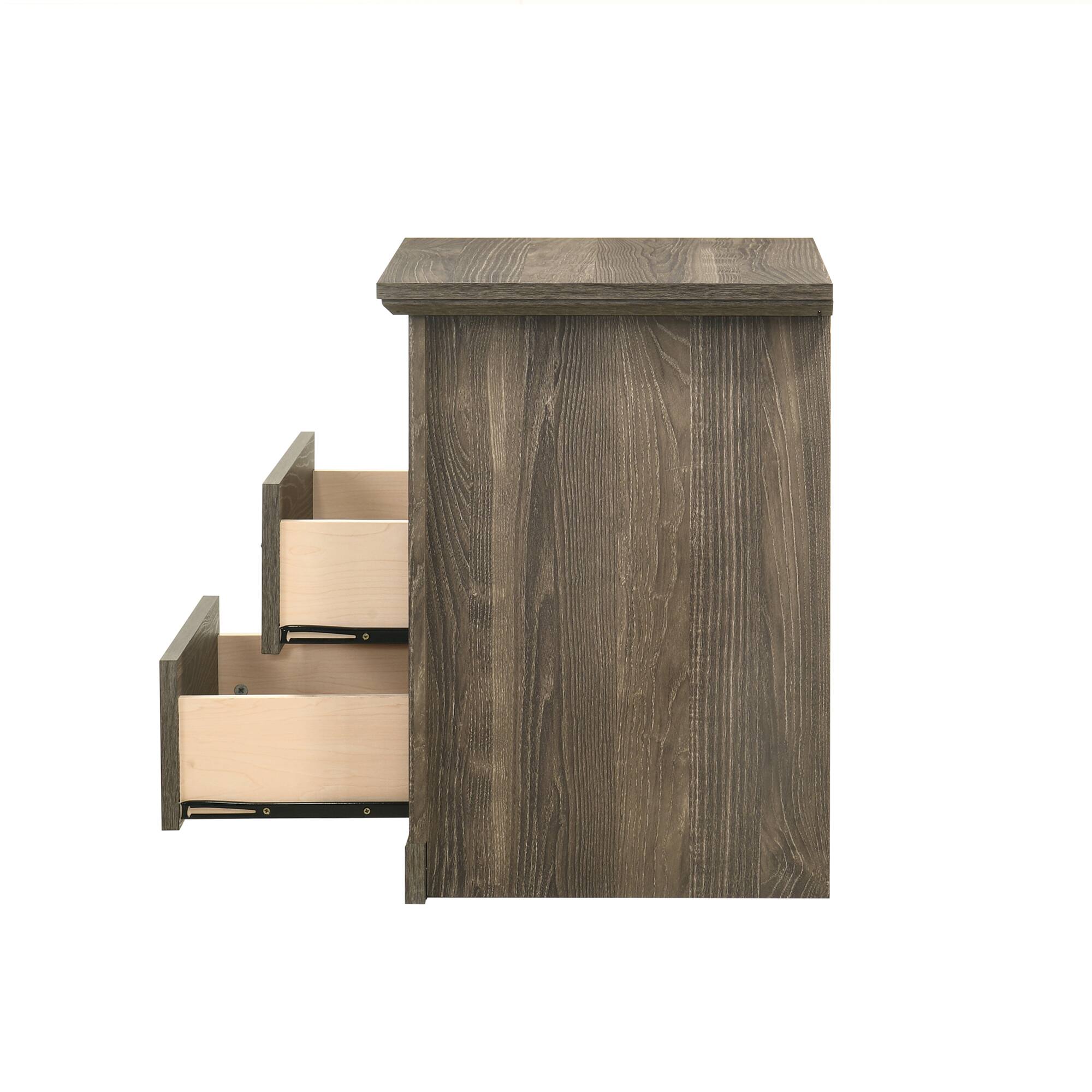 Alt View 2. Vaczon - Rustic Grey Nightstand Bedside Table with Open Shelf and 2 Drawers - Grey.