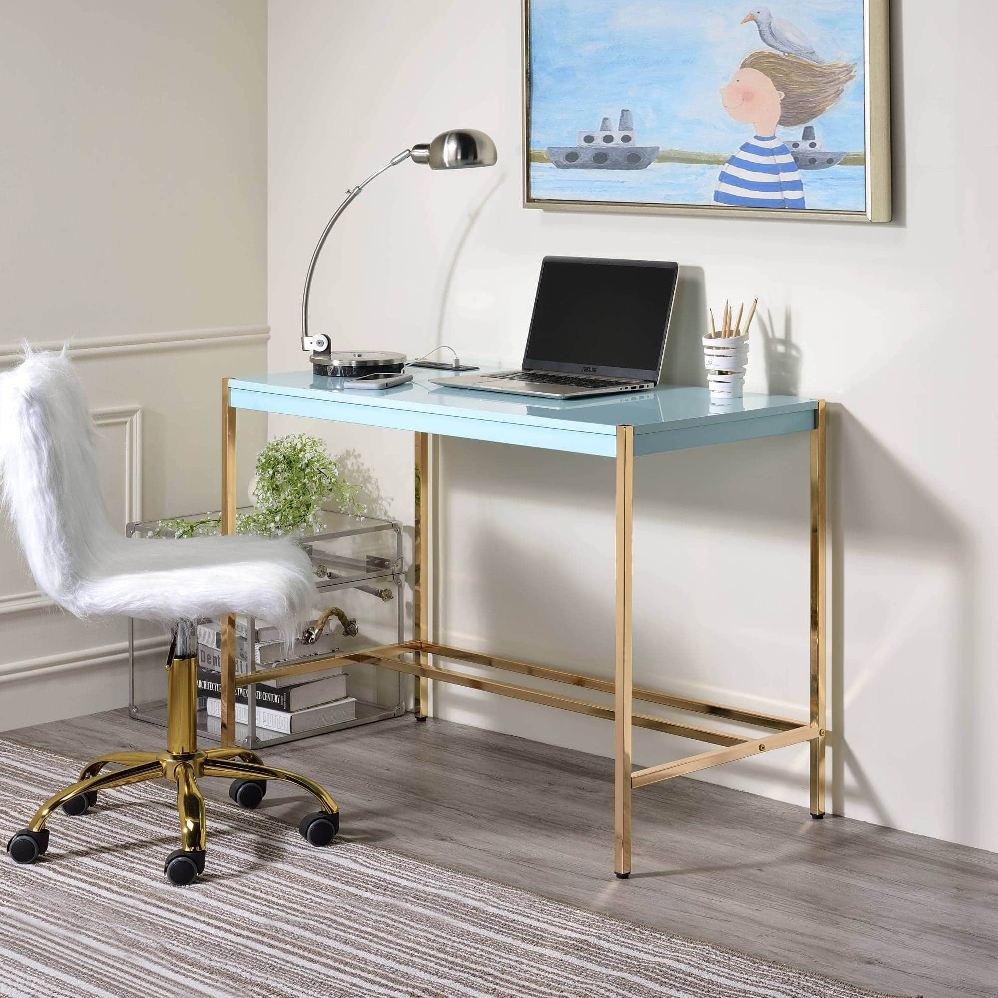 GOODSILO - Modern Writing Desk with USB Charging Port for Contemporary Home Office Workspace - Gold+Light Blue