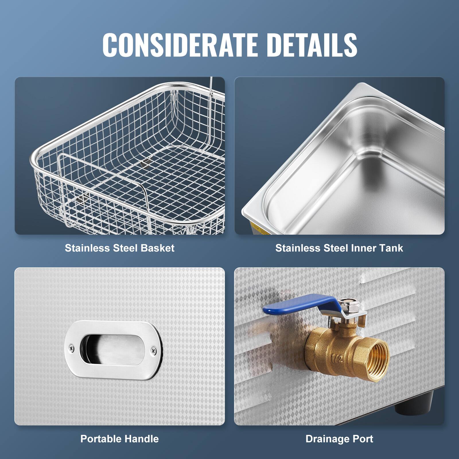 CONSIDERATE DETAILS

- Stainless Steel Basket
- Stainless Steel Inner Tank
- Portable Handle
- Drainage Port