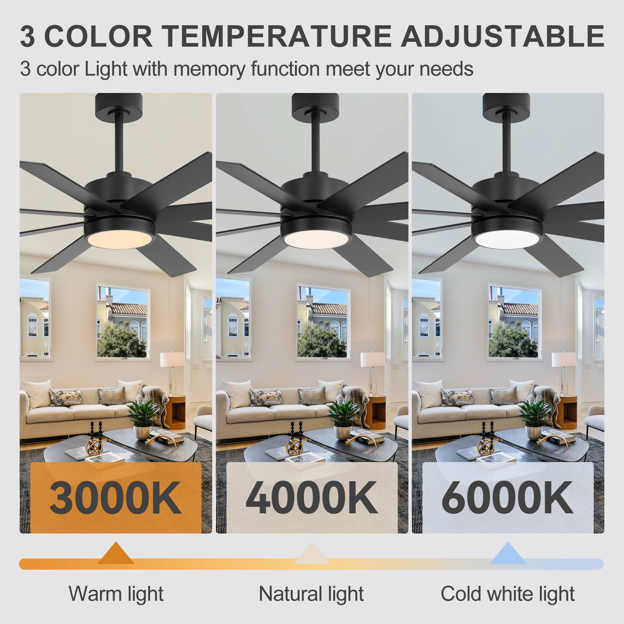 3 COLOR TEMPERATURE ADJUSTABLE  
3 color Light with memory function meet your needs  

3000K  
Warm light  

4000K  
Natural light  

6000K  
Cold white light