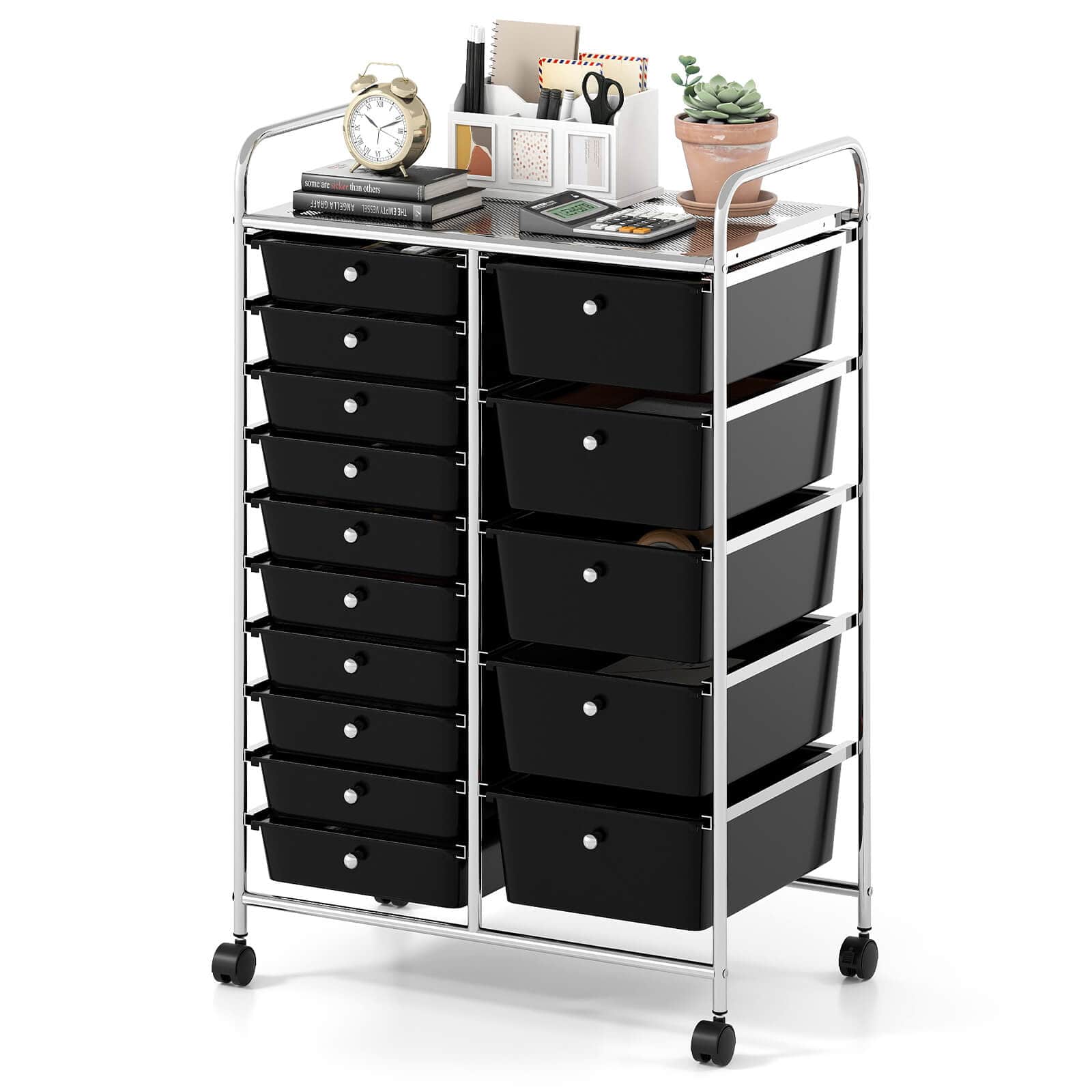 Costway - 15-Drawer Trolley with Chrome Plated Metal Frame & Lockable Universal Wheels - Black