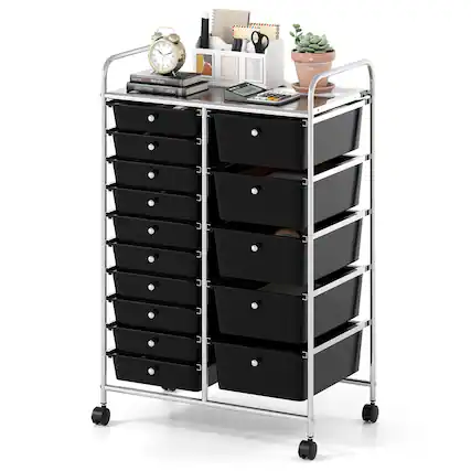 Front. Costway - Costway 15-Drawer Trolley with Chrome Plated Metal Frame & Lockable Universal Wheels - Black.