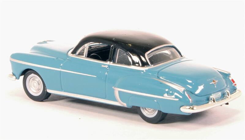 Left. Oxford Diecast - 1950 Oldsmobile Rocket 88 Coupe Crest Blue with Black Top 1/87 (HO) Scale Diecast Model Car by Oxford Diecast - Blue With Black.