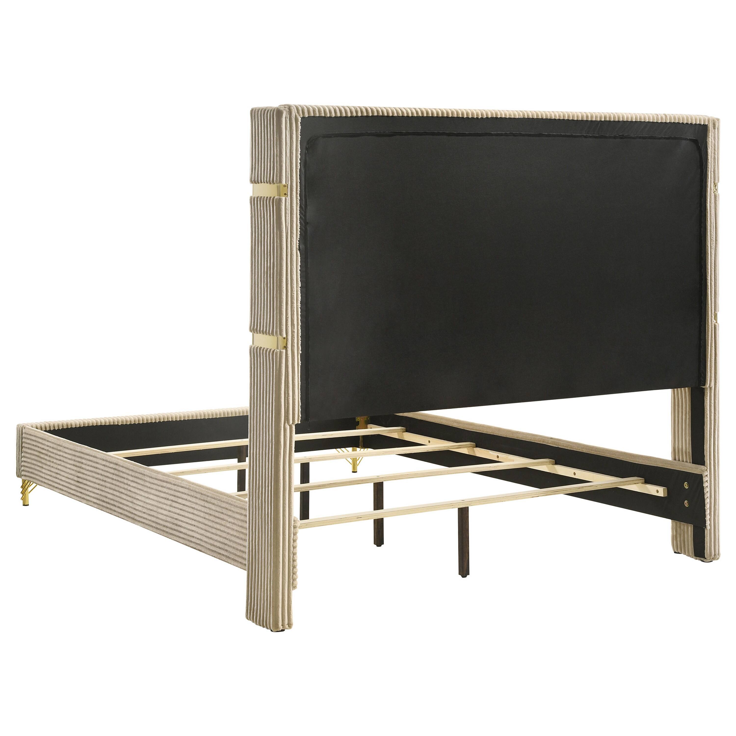 Alt View 2. Manhattan Lane - Jenny Queen Size Bed, Fluted Wingback Headboard, Beige Upholstery Gold Trim - Beige, Gold.