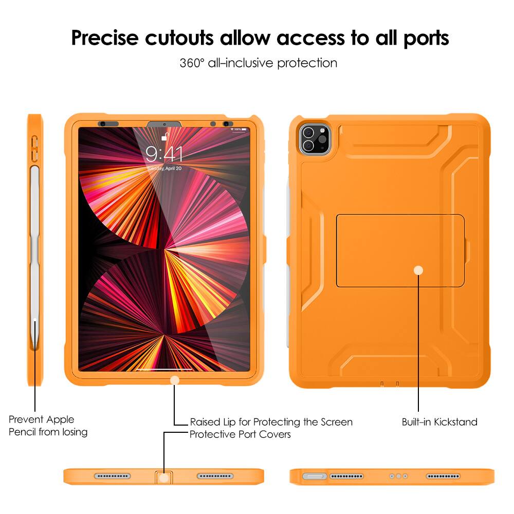 Precise cutouts allow access to all ports  
360° all-inclusive protection  

- Prevent Apple Pencil from losing  
- Raised Lip for Protecting the Screen  
- Protective Port Covers  
- Built-in Kickstand