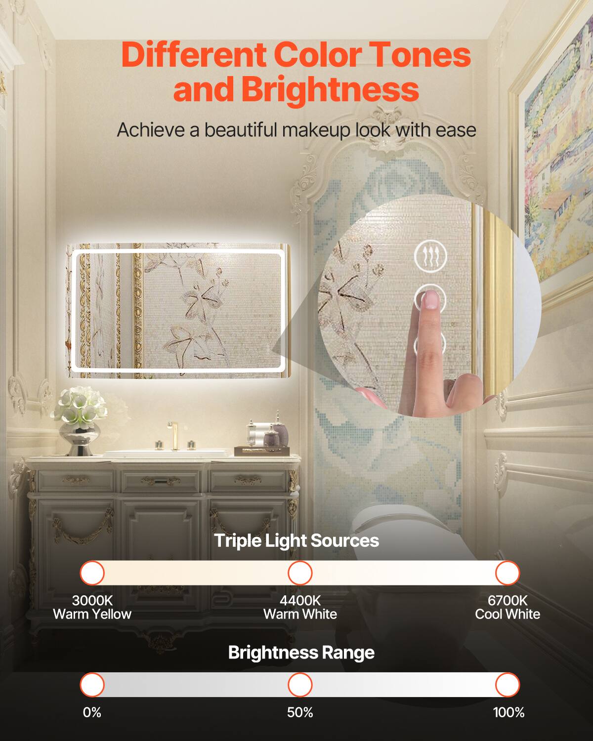 Different Color Tones and Brightness  
Achieve a beautiful makeup look with ease  

Triple Light Sources  
3000K Warm Yellow  
4400K Warm White  
6700K Cool White  

Brightness Range  
0%  
50%  
100%