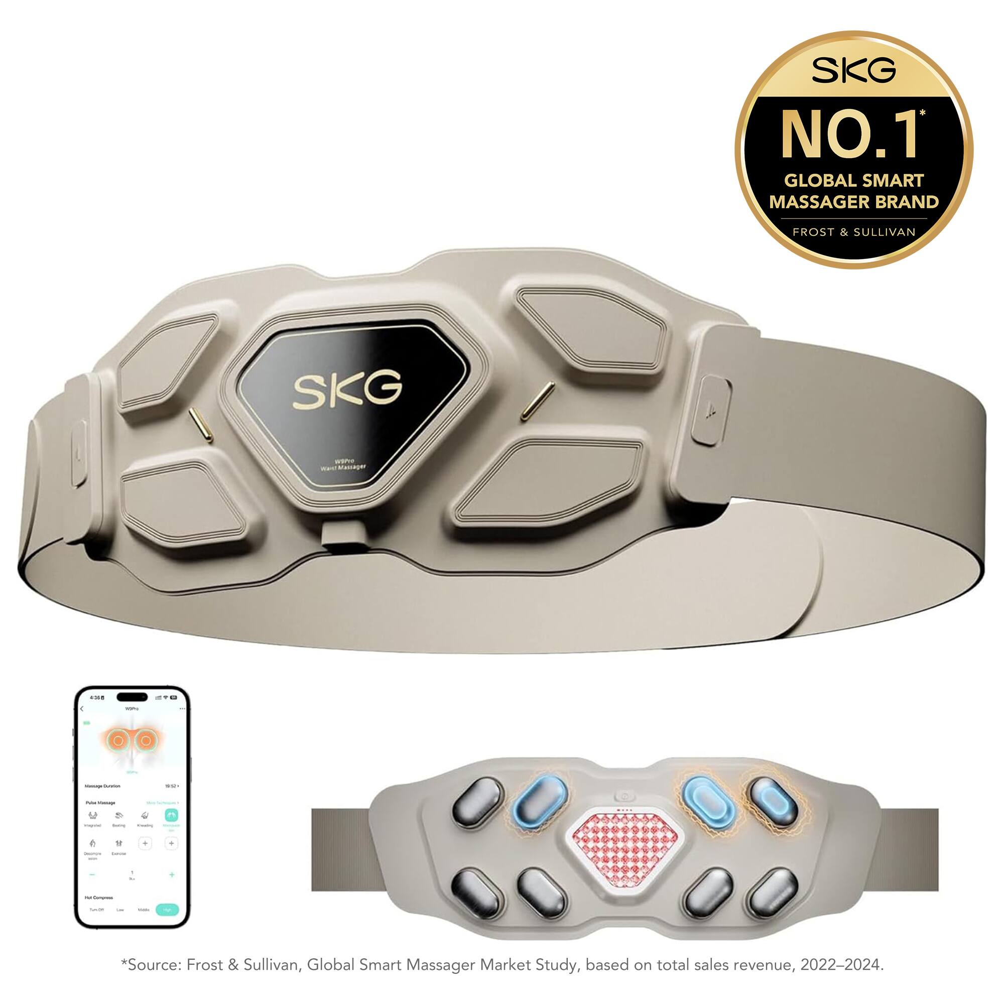 SKG NO.1 GLOBAL SMART MASSAGER BRAND  
FROST & SULLIVAN  

SKG 1OE ai Masonge  

*Source: Frost & Sullivan, Global Smart Massager Market Study, based on total sales revenue, 2022-2024.
