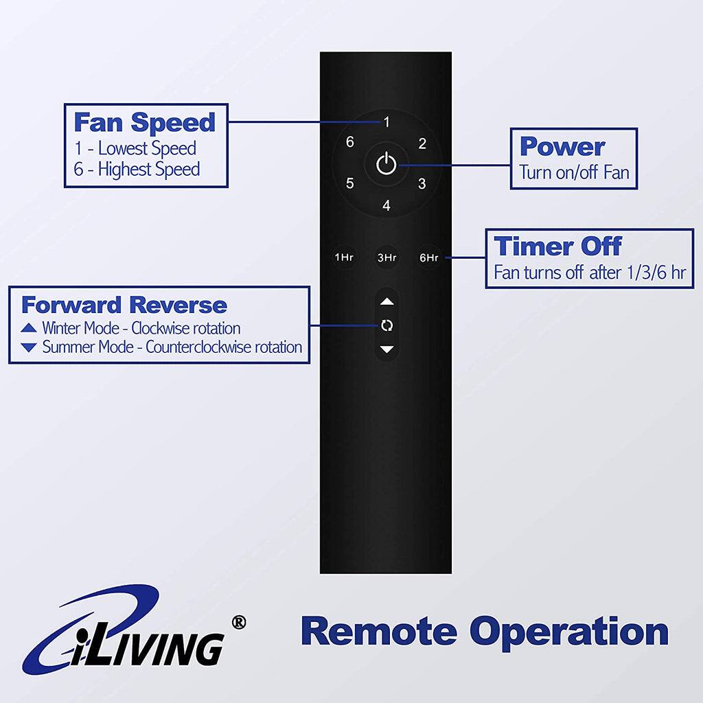 Fan Speed  
1 - Lowest Speed  
6 - Highest Speed  

Power  
Turn on/off Fan  

Forward Reverse  
Winter Mode - Clockwise rotation  
Summer Mode - Counterclockwise rotation  

Timer Off  
Fan turns off after 1/3/6 hr  

Remote Operation  

iLIVING
