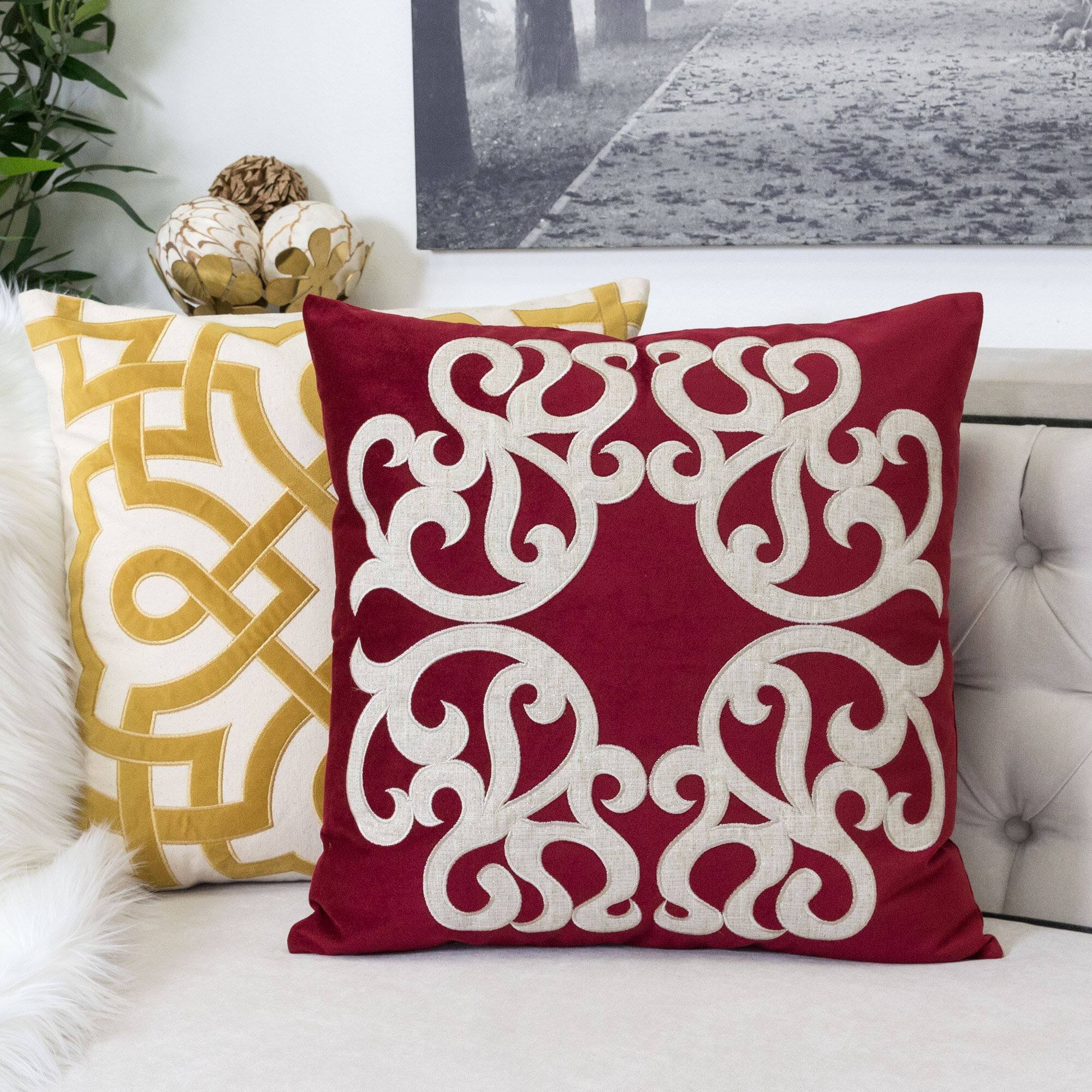 Angle. LuXeo - Square Velvet Pillow Cover & Insert - RED.