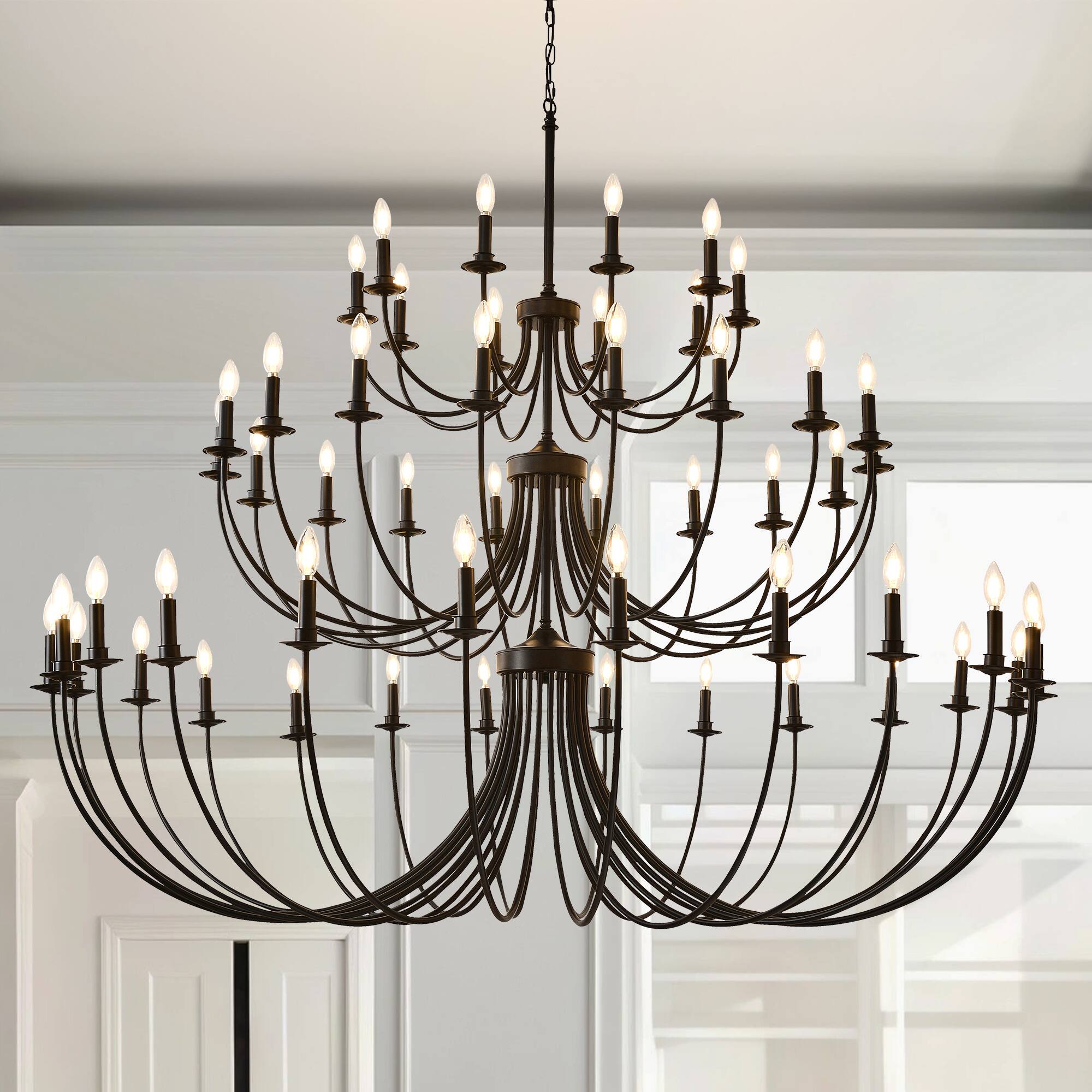 Front. RYHNUYNE - 52 Lights Black Chandelier, 3-Tier Farmhouse Chandeliers for Dining Room, Large Industrial Candle Pendant Light Fixtures - Black.