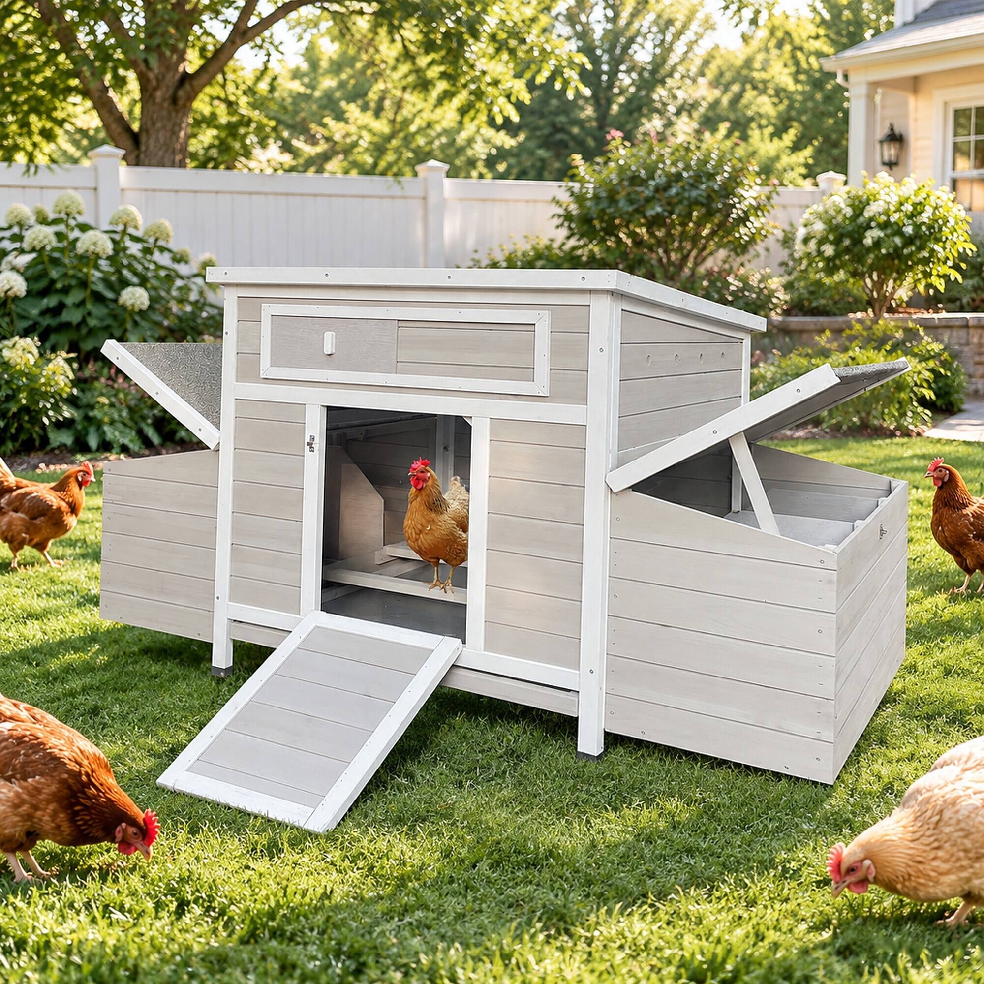 Alt View 2. RYHNUYNE - Large Wooden Chicken Coop, Outdoor Hen House, Poultry Cage, 2 Sides Nesting Boxes, 6 Egg Nests.