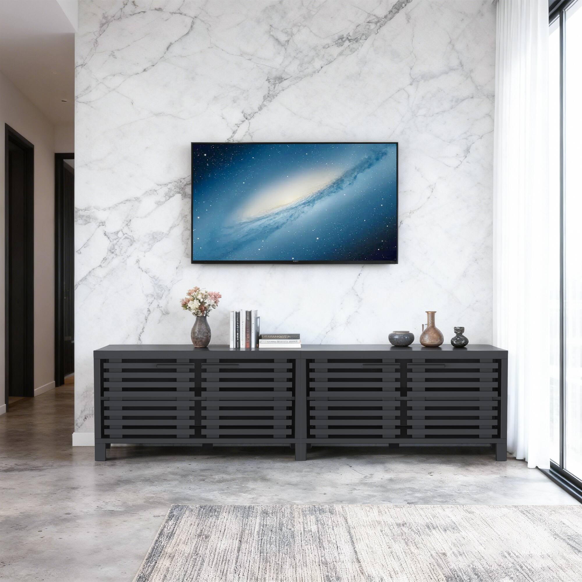 Left. Ihomeadore - 76-inch Modern Black TV Stand  Media Storage Cabinet with Two Shelves and Gate Door for TVs up to 70'' - Black.